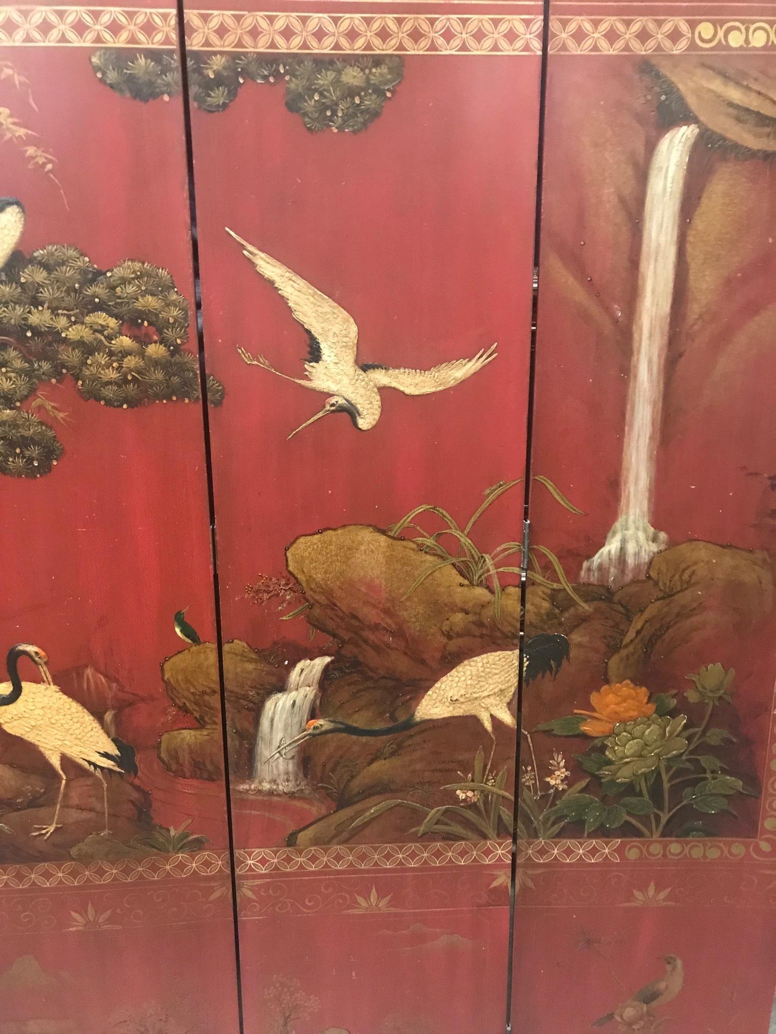 Asian Red Polychromed and Parcel Gilt Four Panel Screen 3