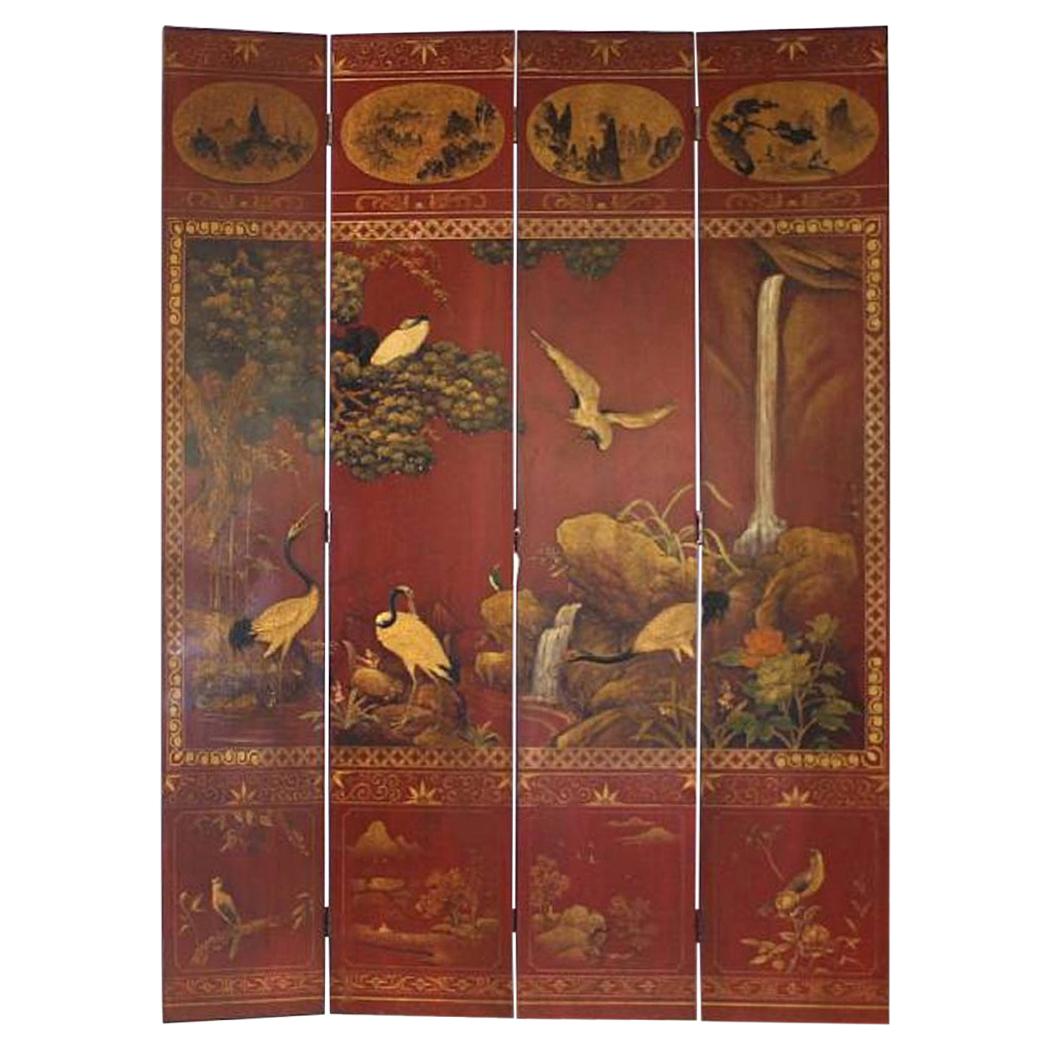 Asian Red Polychromed and Parcel Gilt Four Panel Screen