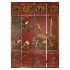 Asian Red Polychromed and Parcel Gilt Four Panel Screen