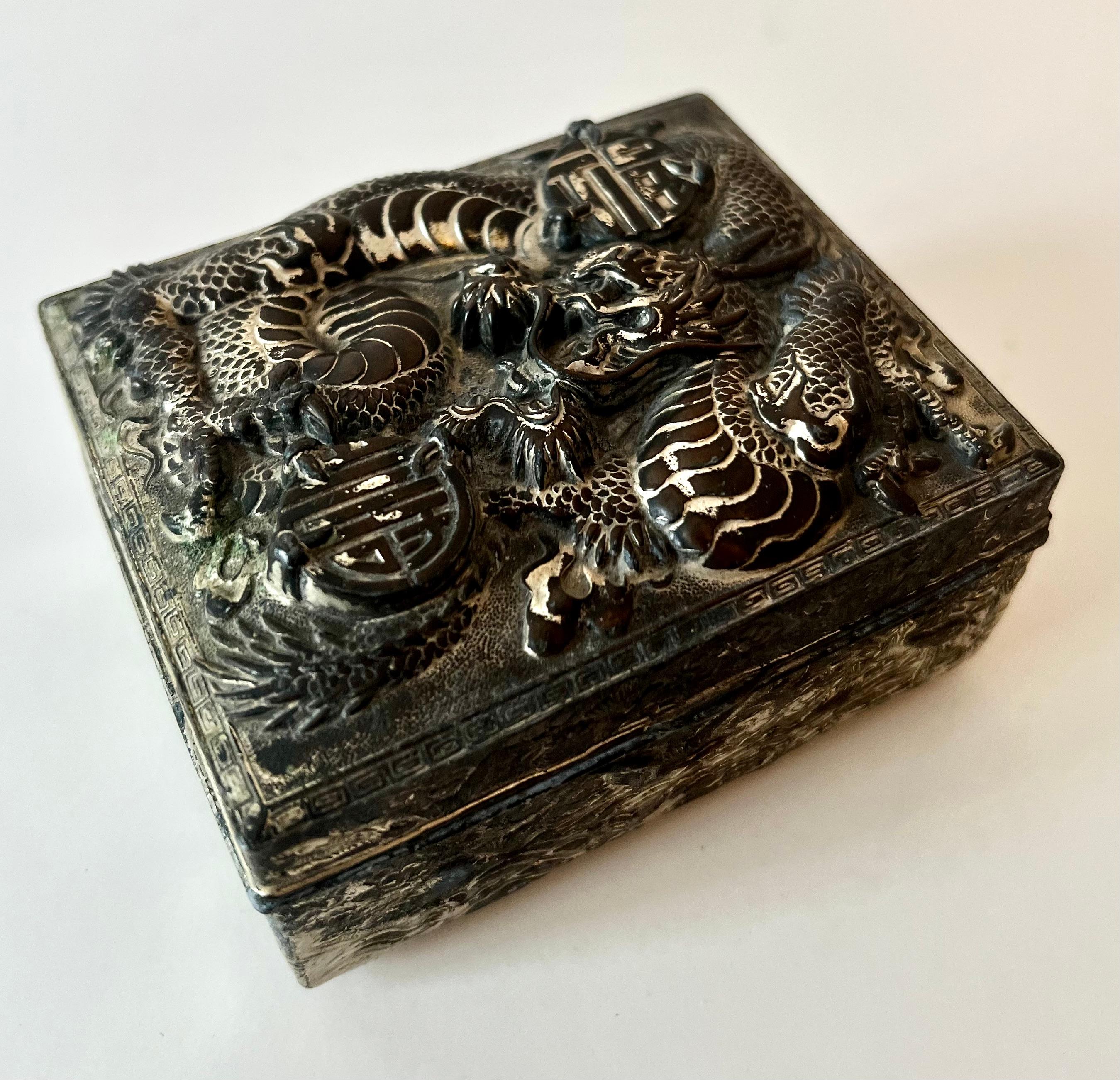 a delightful little silver box, heavily patinated. The interior is wood and while the box used to be hinged, it still closes and opens as a lidded box. 

A compliment to any desk or side table - purely for decor or to hold anything from paper