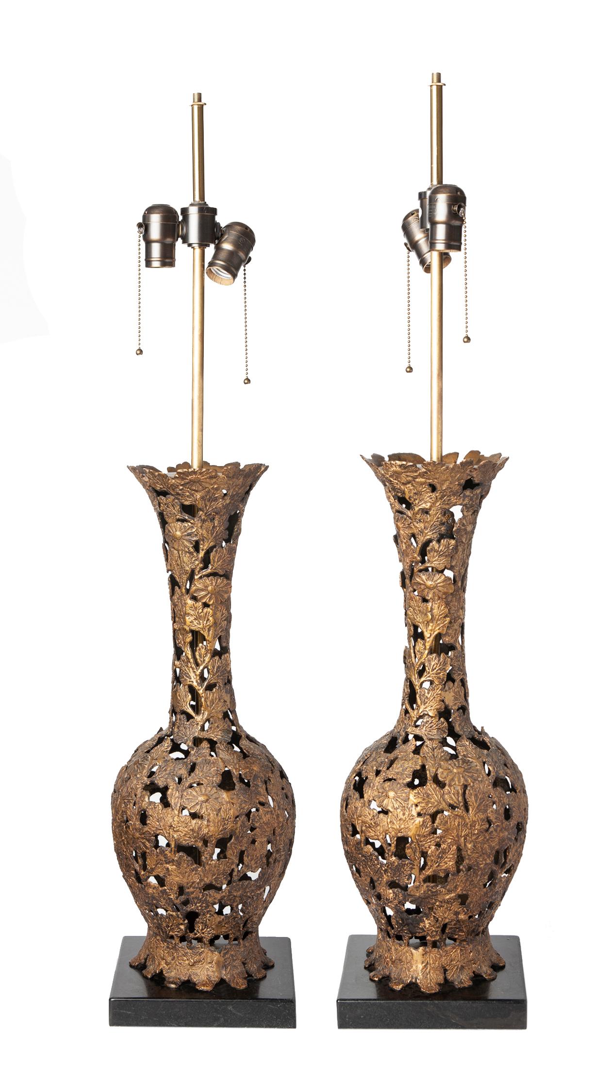 Japanese bronze lamps with reticulated vase with a flower & leaf and braanch pattern. Mounted on custom made  soapstone base. 23