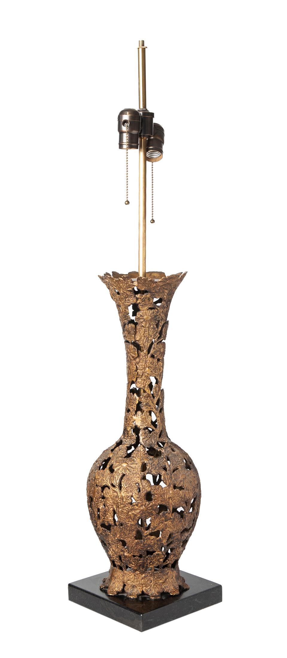 Organic Modern Asian Reticulated Bronze Lamp on Custom Soapstone Base