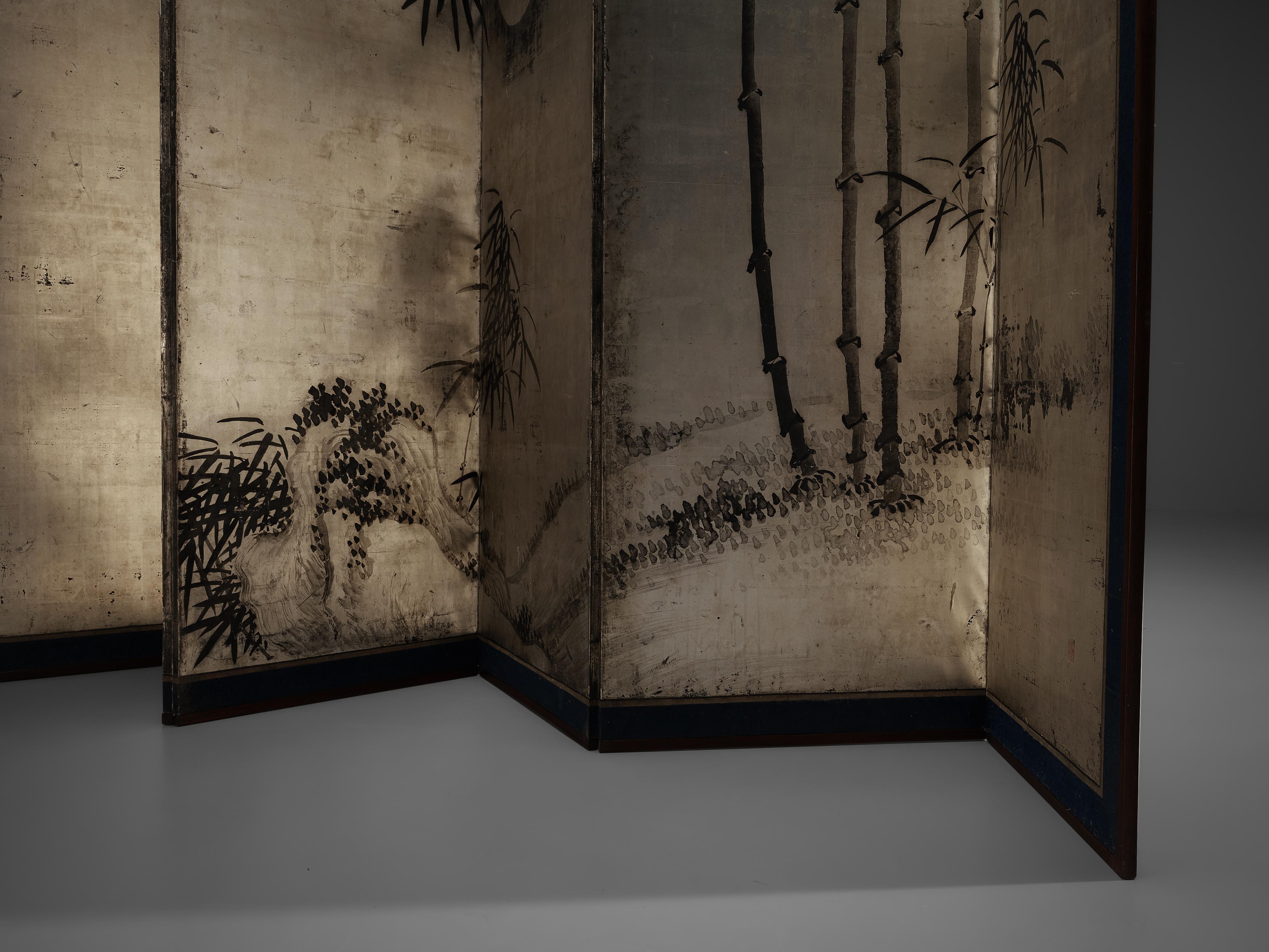 Room Divider with Japanese Hand Painted Landscape and 'Shodo' Calligraphy In Good Condition In Waalwijk, NL