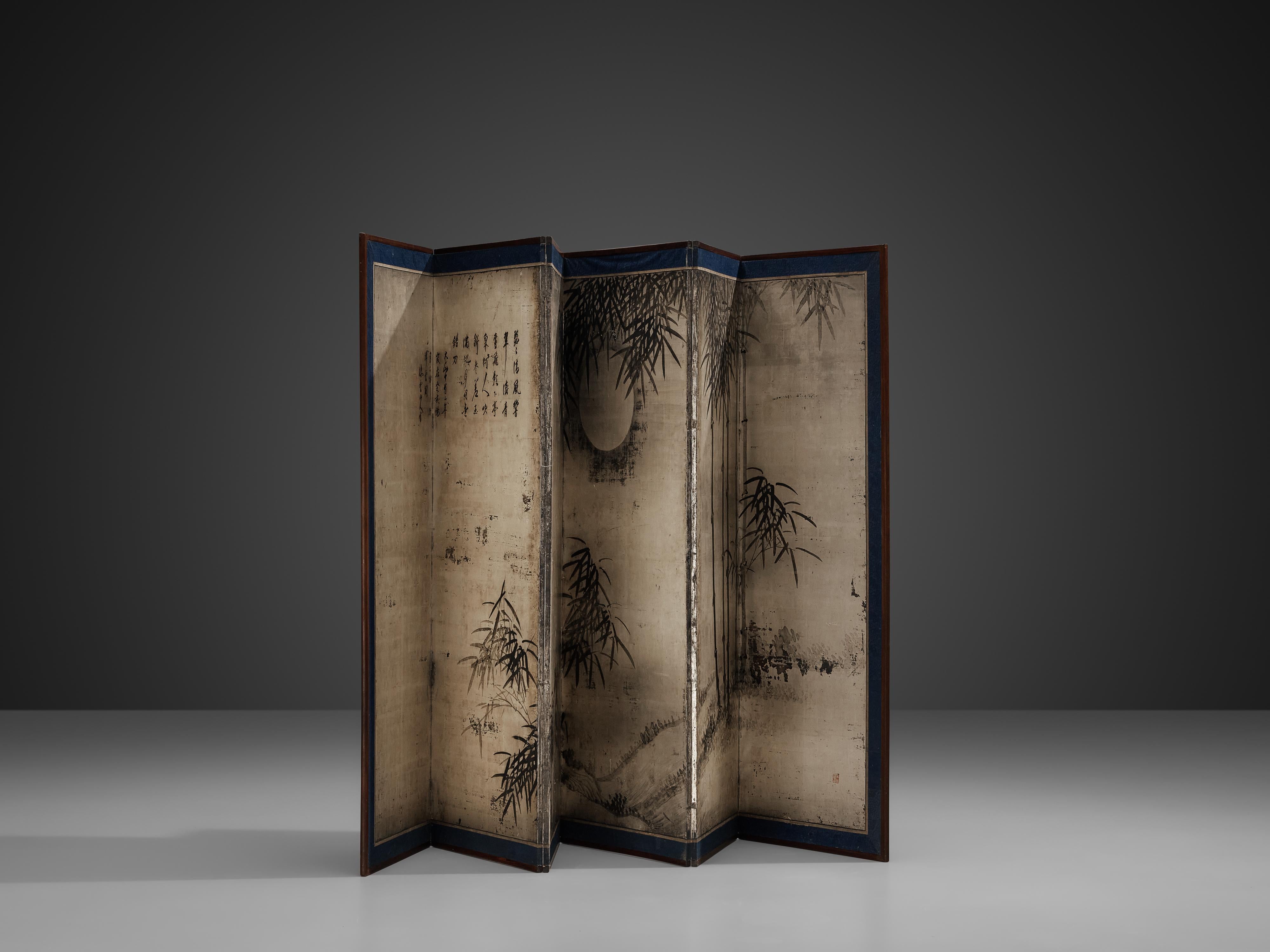 Late 20th Century Room Divider with Japanese Hand Painted Landscape and 'Shodo' Calligraphy