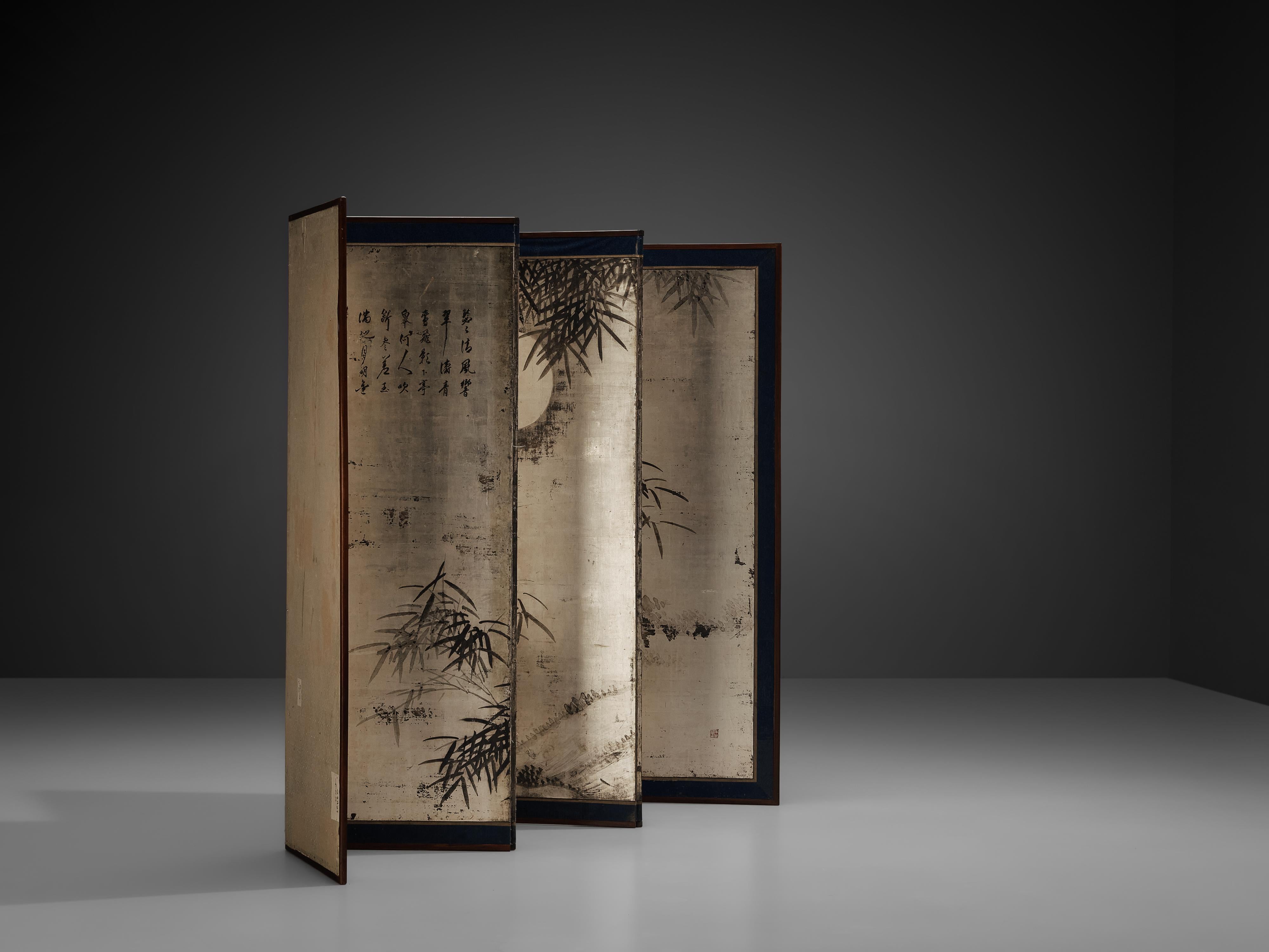 Parchment Paper Room Divider with Japanese Hand Painted Landscape and 'Shodo' Calligraphy