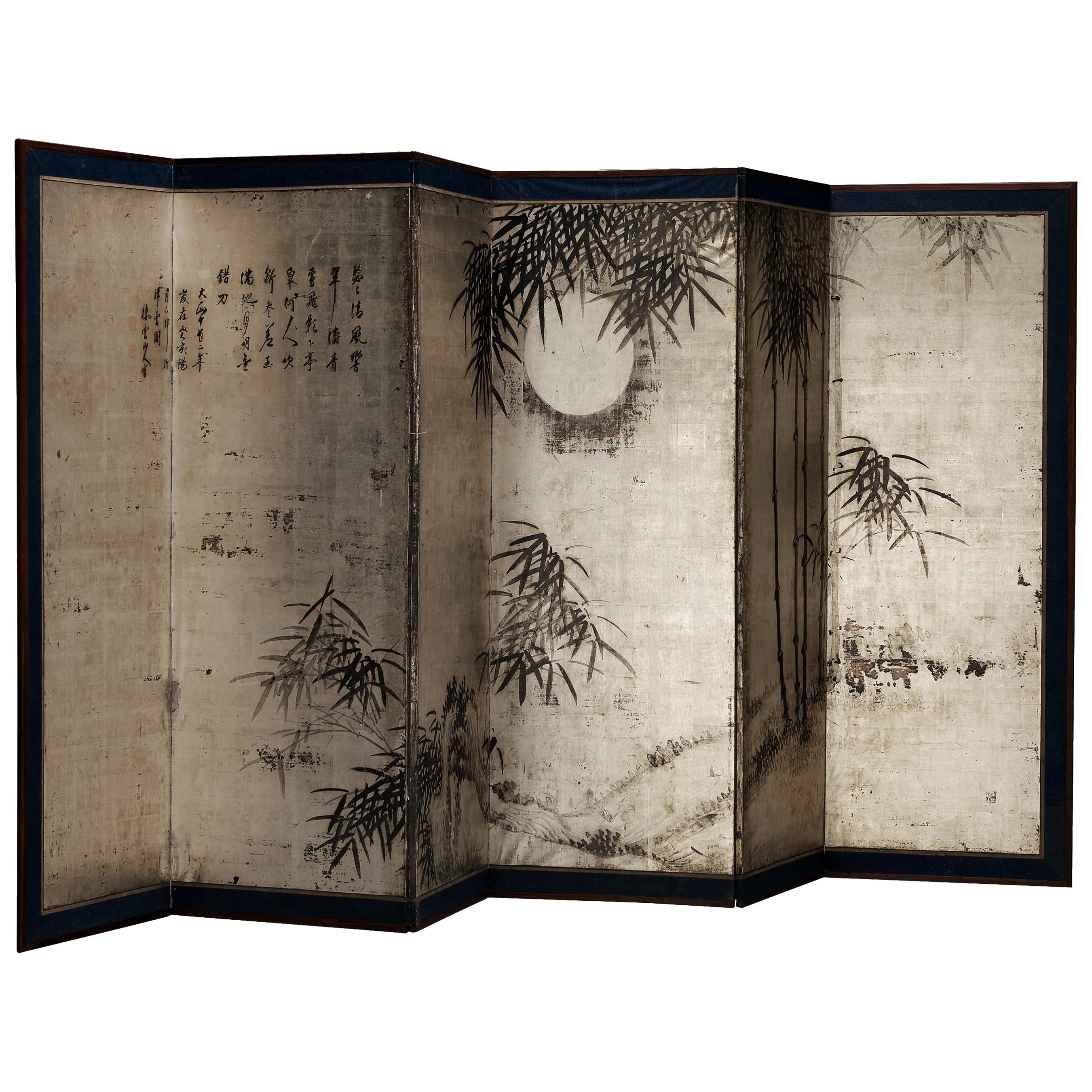 Room Divider with Japanese Hand Painted Landscape and 'Shodo' Calligraphy