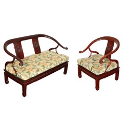 Asian Rosewood Armchair and Settee with Clarence House Fabric