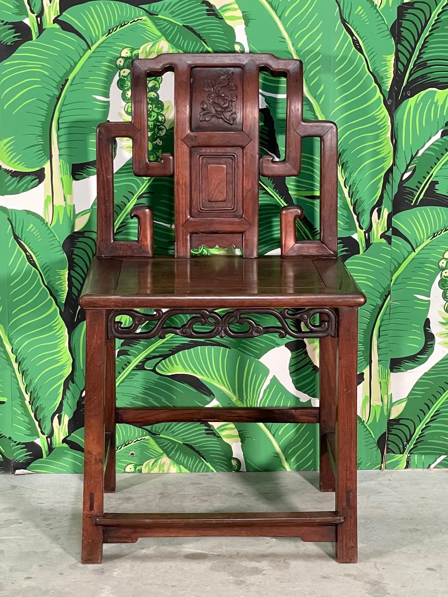 Wood Asian Rosewood Hand Carved Scribes Chair 19th Century For Sale
