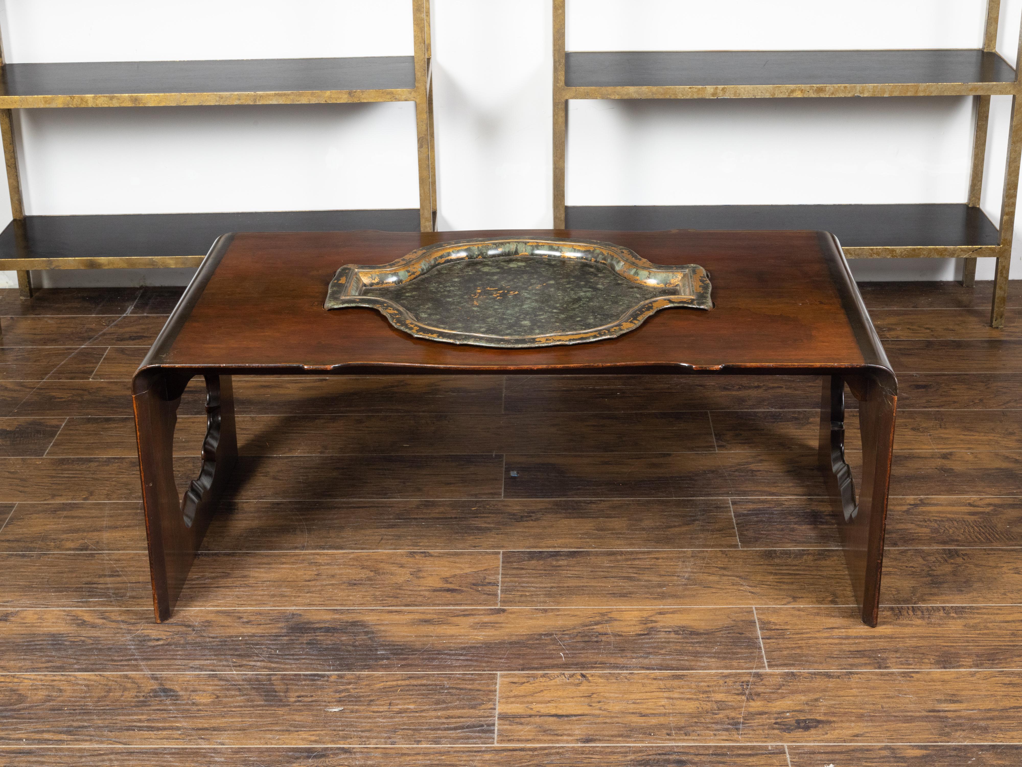 Asian Rosewood Waterfall Coffee Table with Removable Tray and Pierced Sides For Sale 3