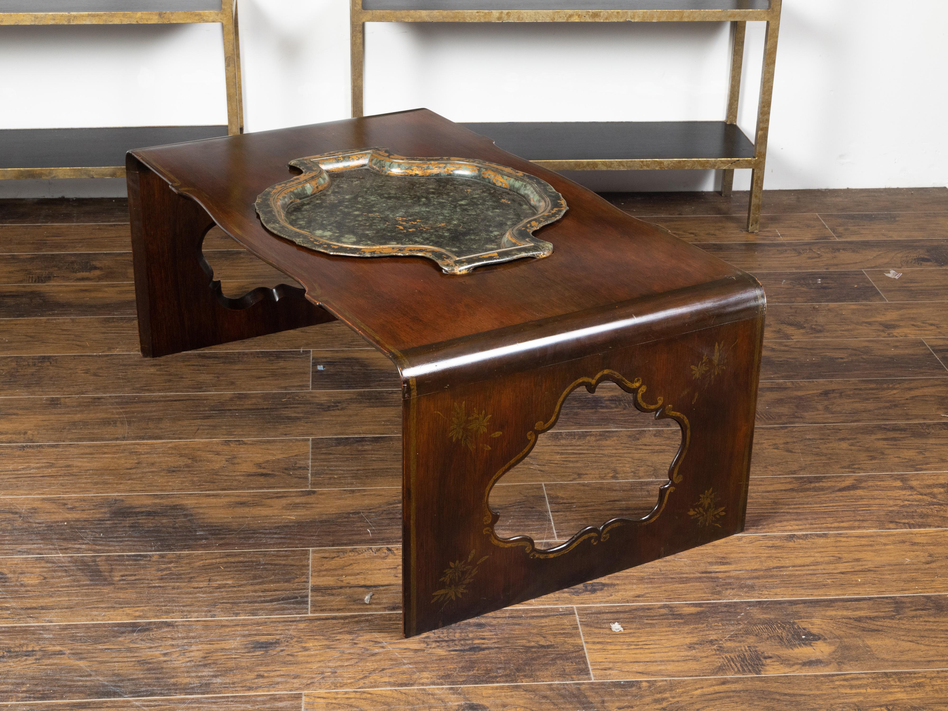 Asian Rosewood Waterfall Coffee Table with Removable Tray and Pierced Sides For Sale 5