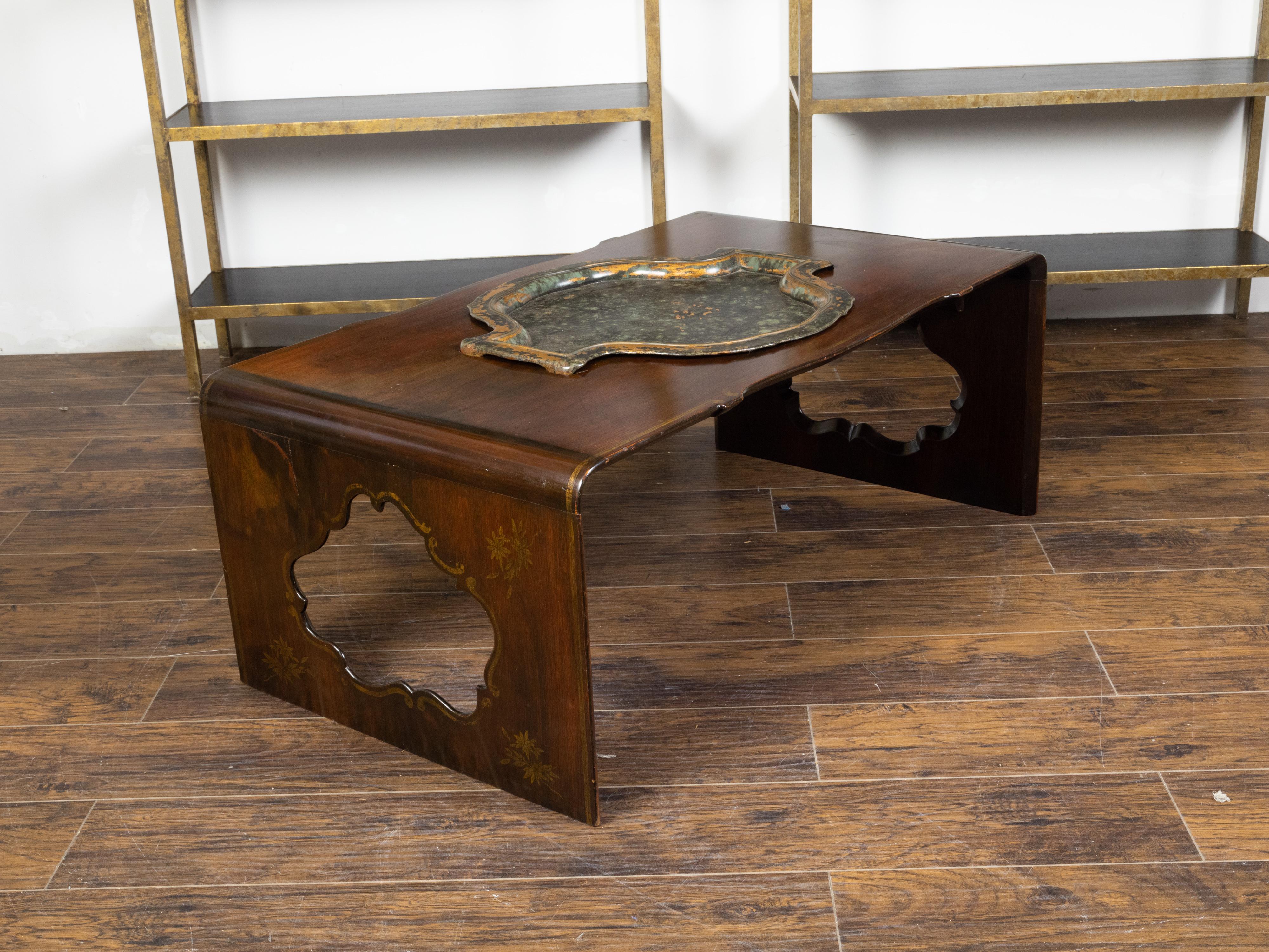20th Century Asian Rosewood Waterfall Coffee Table with Removable Tray and Pierced Sides For Sale
