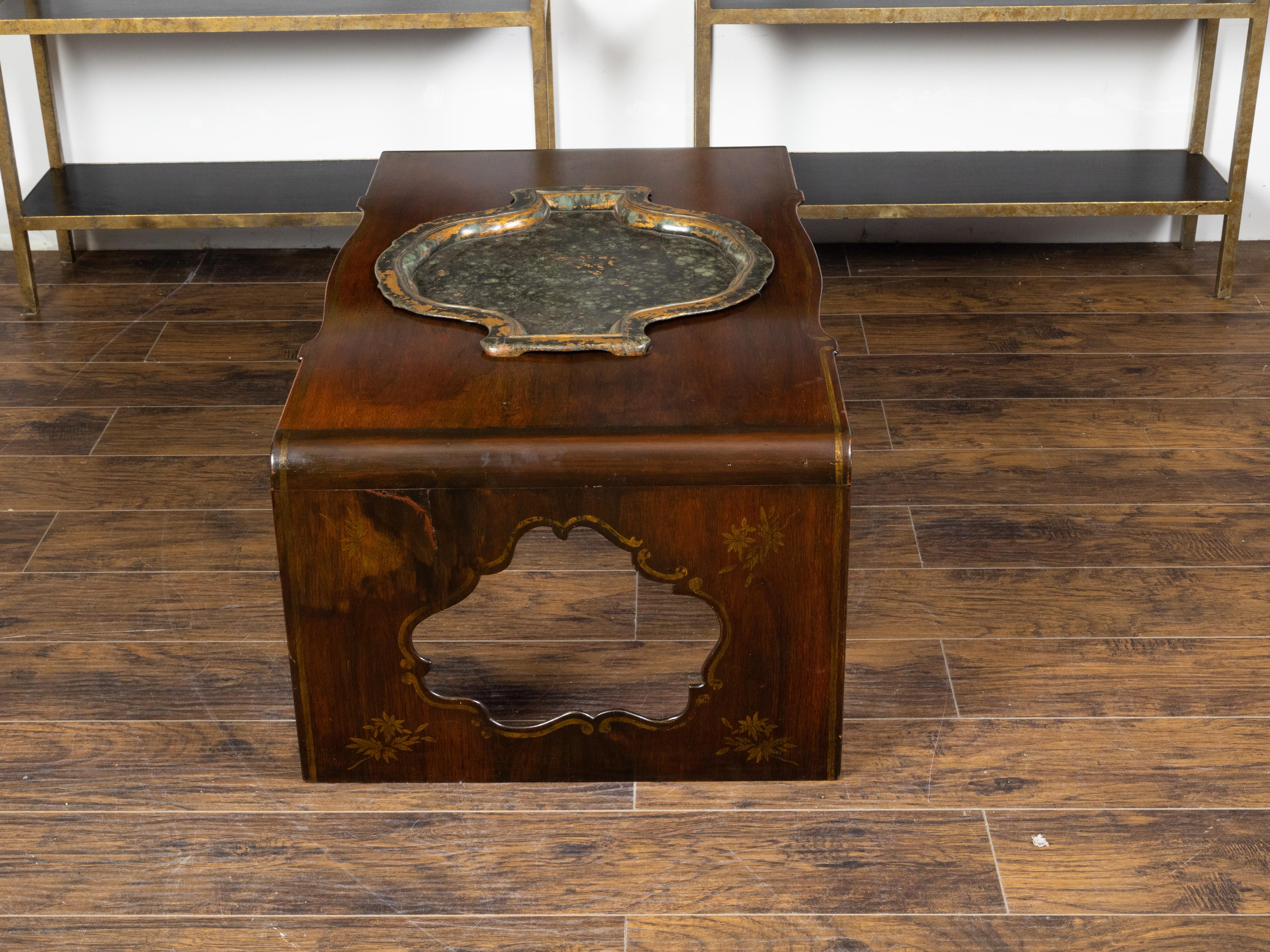 Asian Rosewood Waterfall Coffee Table with Removable Tray and Pierced Sides For Sale 1