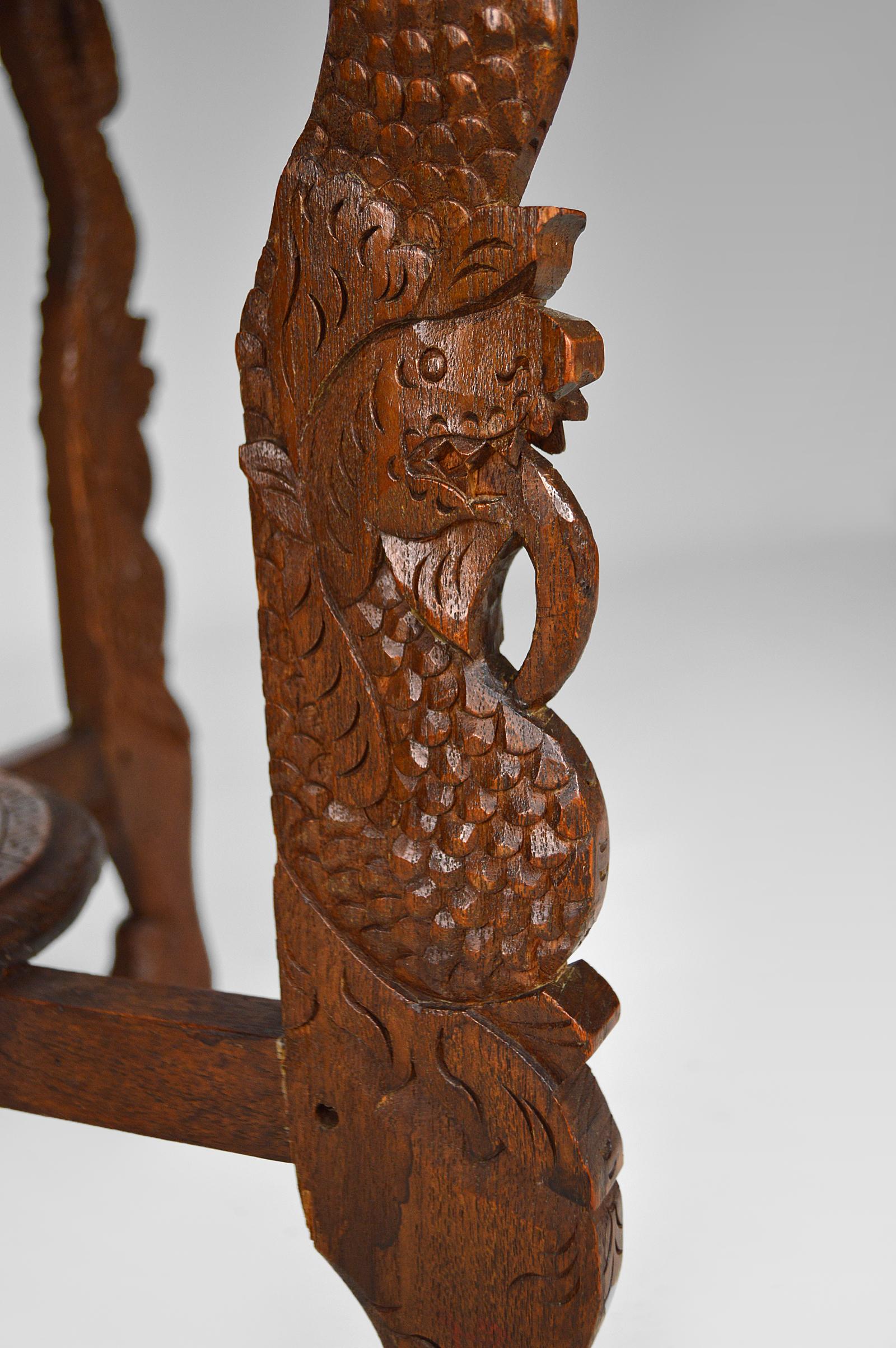 Asian Round Coffee Table Carved with Dragons and Peacocks, Indonesia, circa 1920 For Sale 8