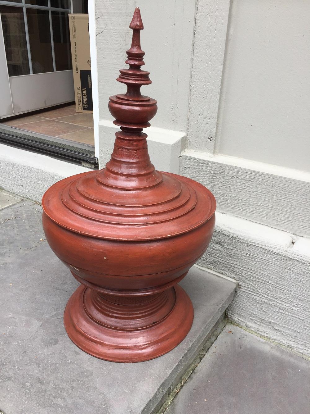 Tibetan Asian Sculptural Burmese Terracotta Colored Wood Offering Urn For Sale