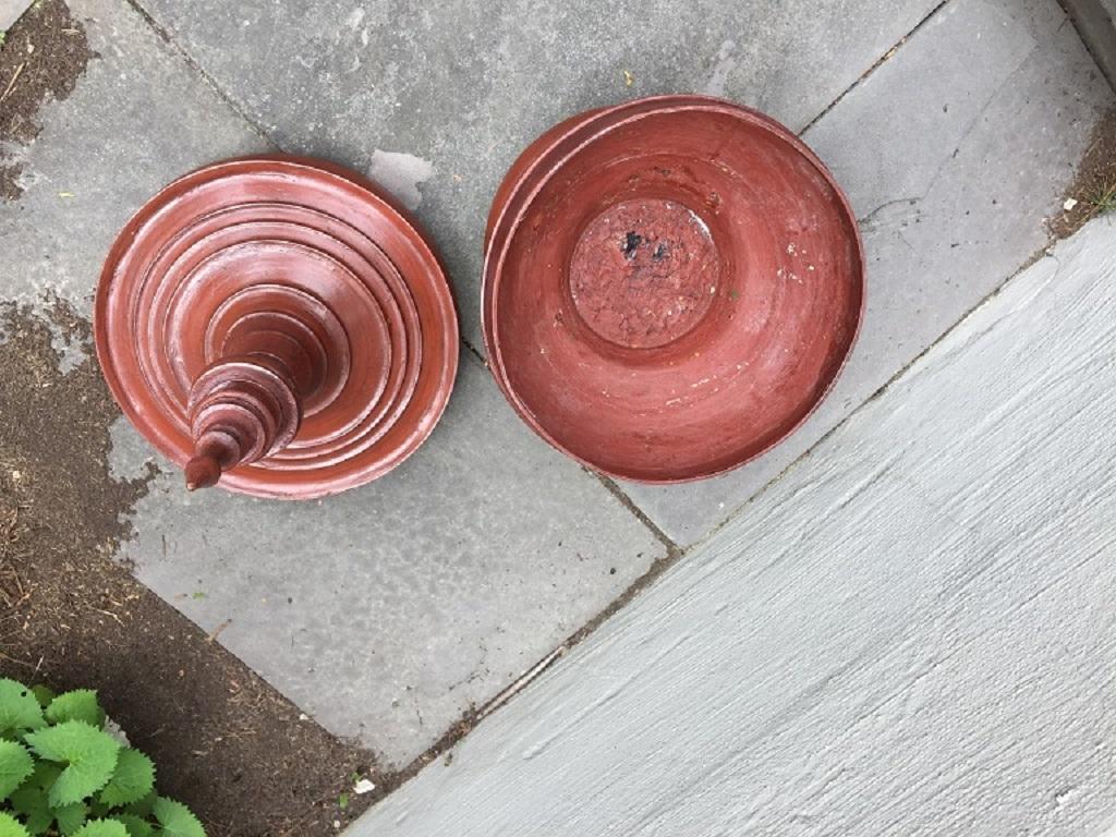 Asian Sculptural Burmese Terracotta Colored Wood Offering Urn In Good Condition For Sale In Chicago, IL