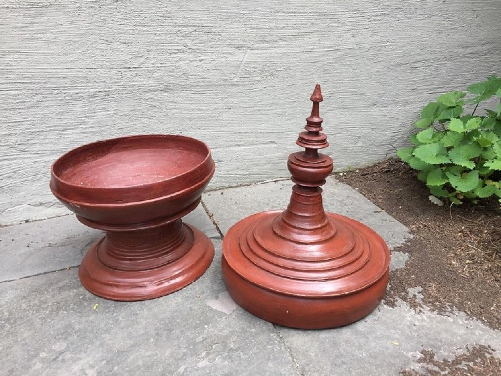 20th Century Asian Sculptural Burmese Terracotta Colored Wood Offering Urn For Sale