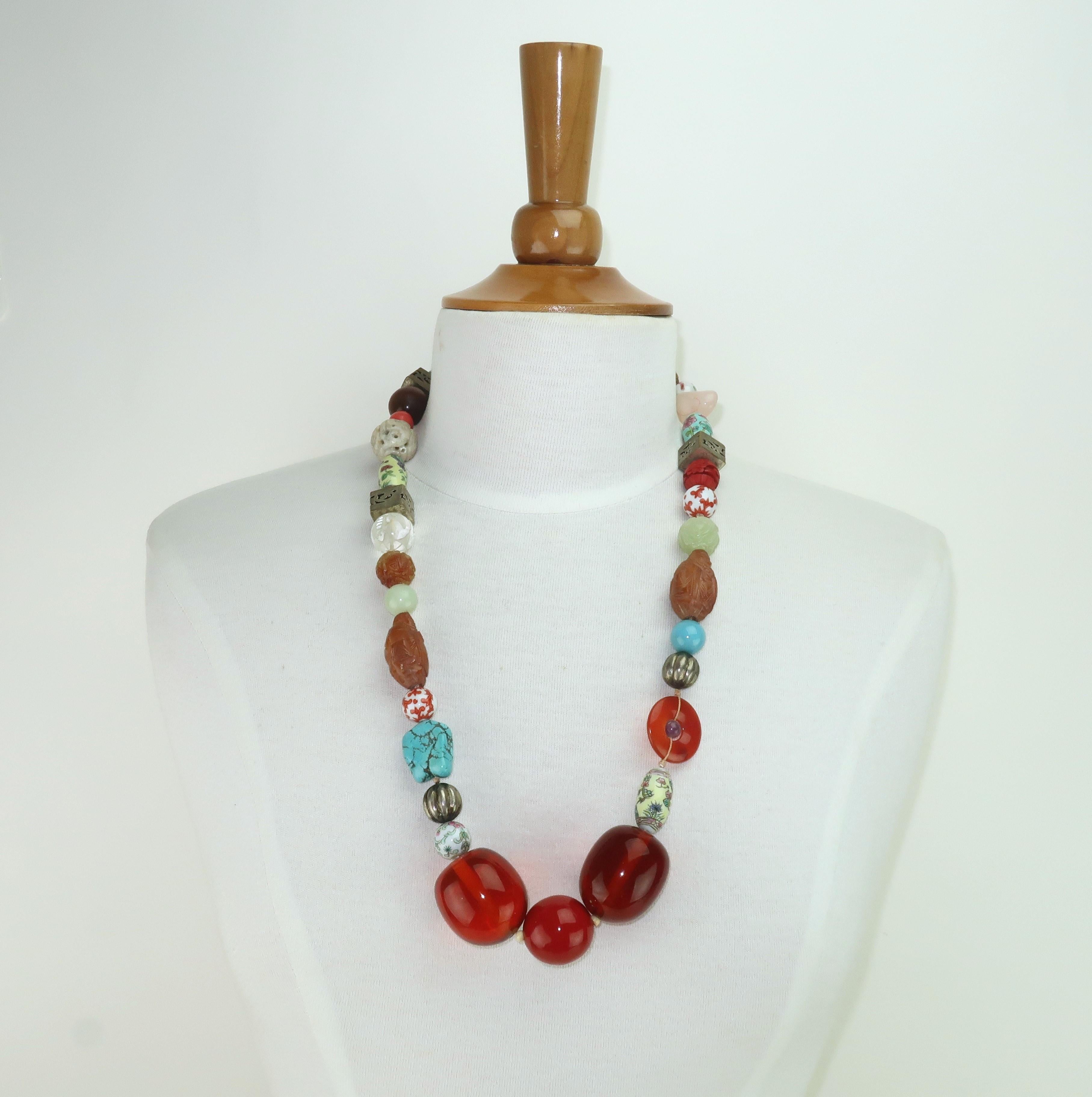 Asian Semi Precious Stone, Ceramic & Silver Beaded Necklace For Sale 4
