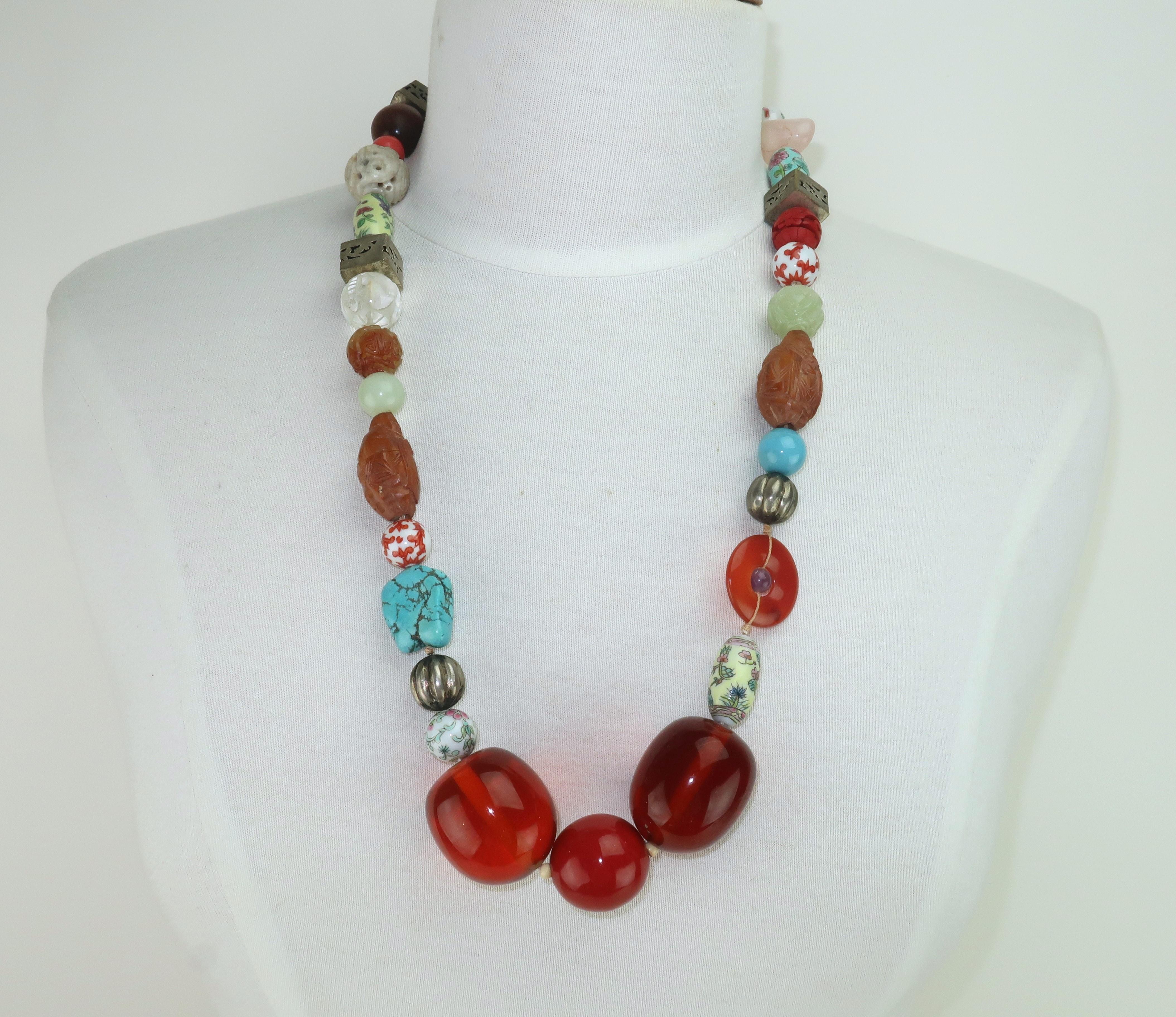 Asian Semi Precious Stone, Ceramic & Silver Beaded Necklace For Sale 5