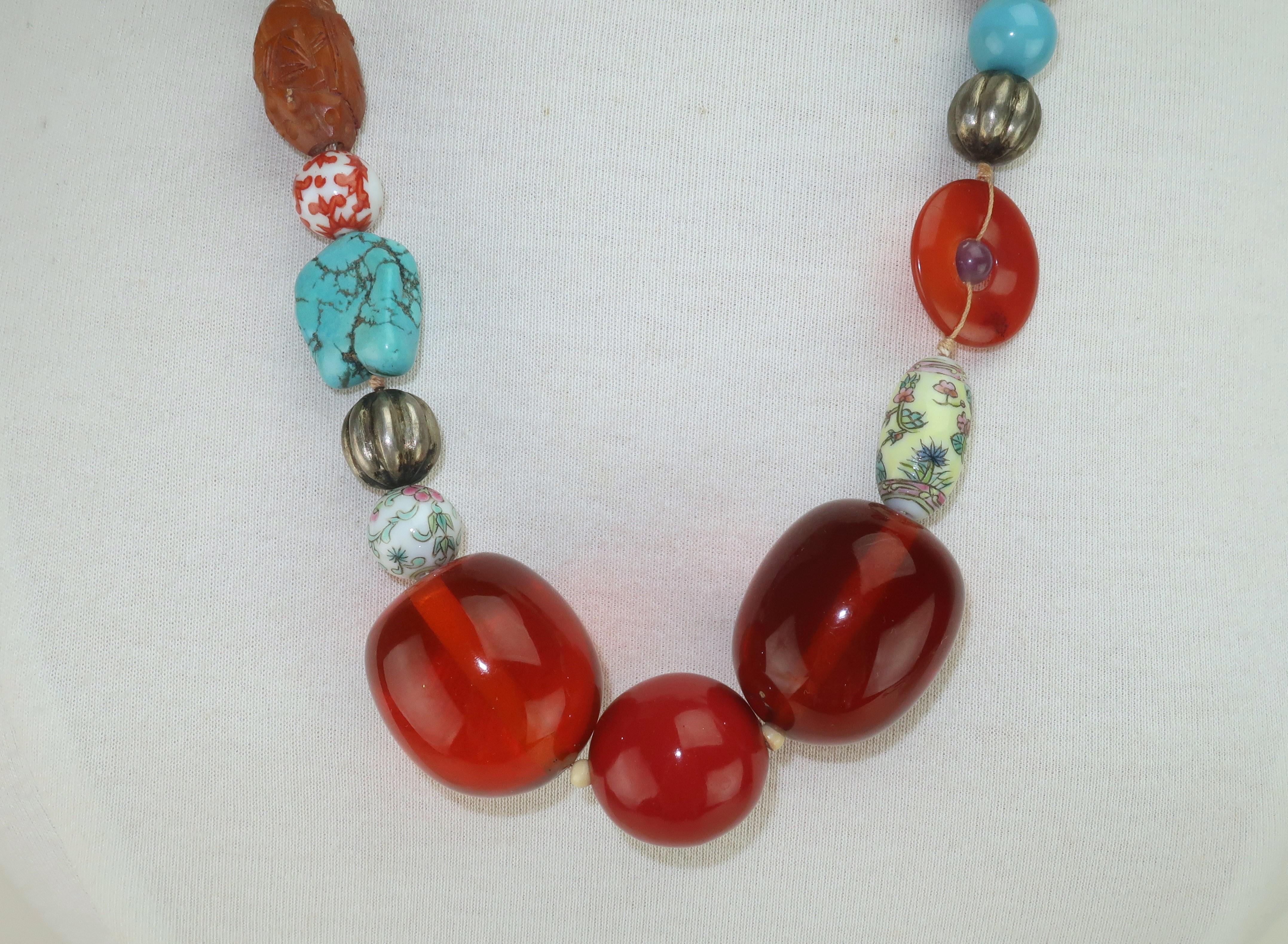 Asian Semi Precious Stone, Ceramic & Silver Beaded Necklace For Sale 6