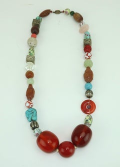 Asian Semi Precious Stone, Ceramic & Silver Beaded Necklace