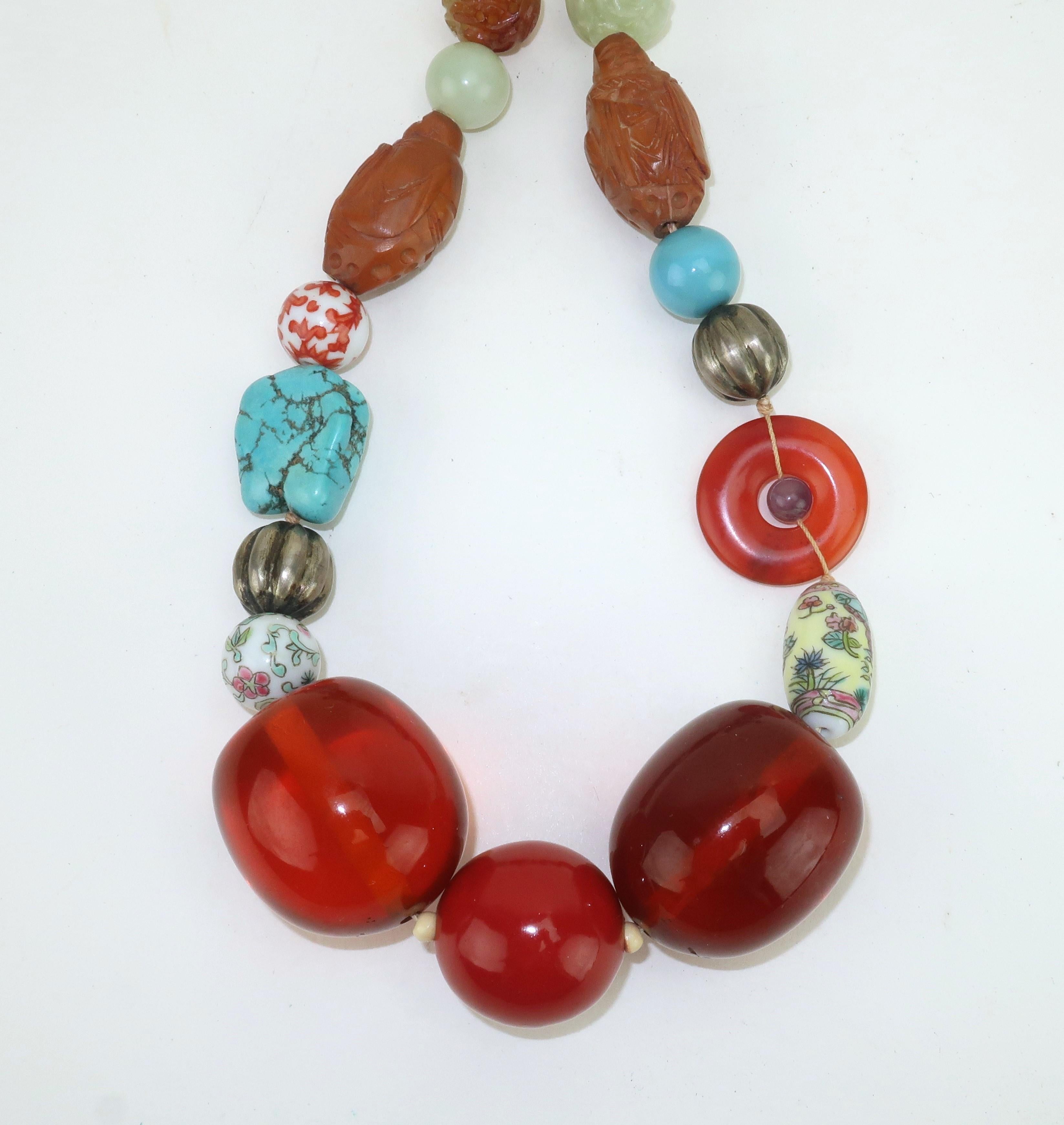 Ball Cut Asian Semi Precious Stone, Ceramic & Silver Beaded Necklace For Sale