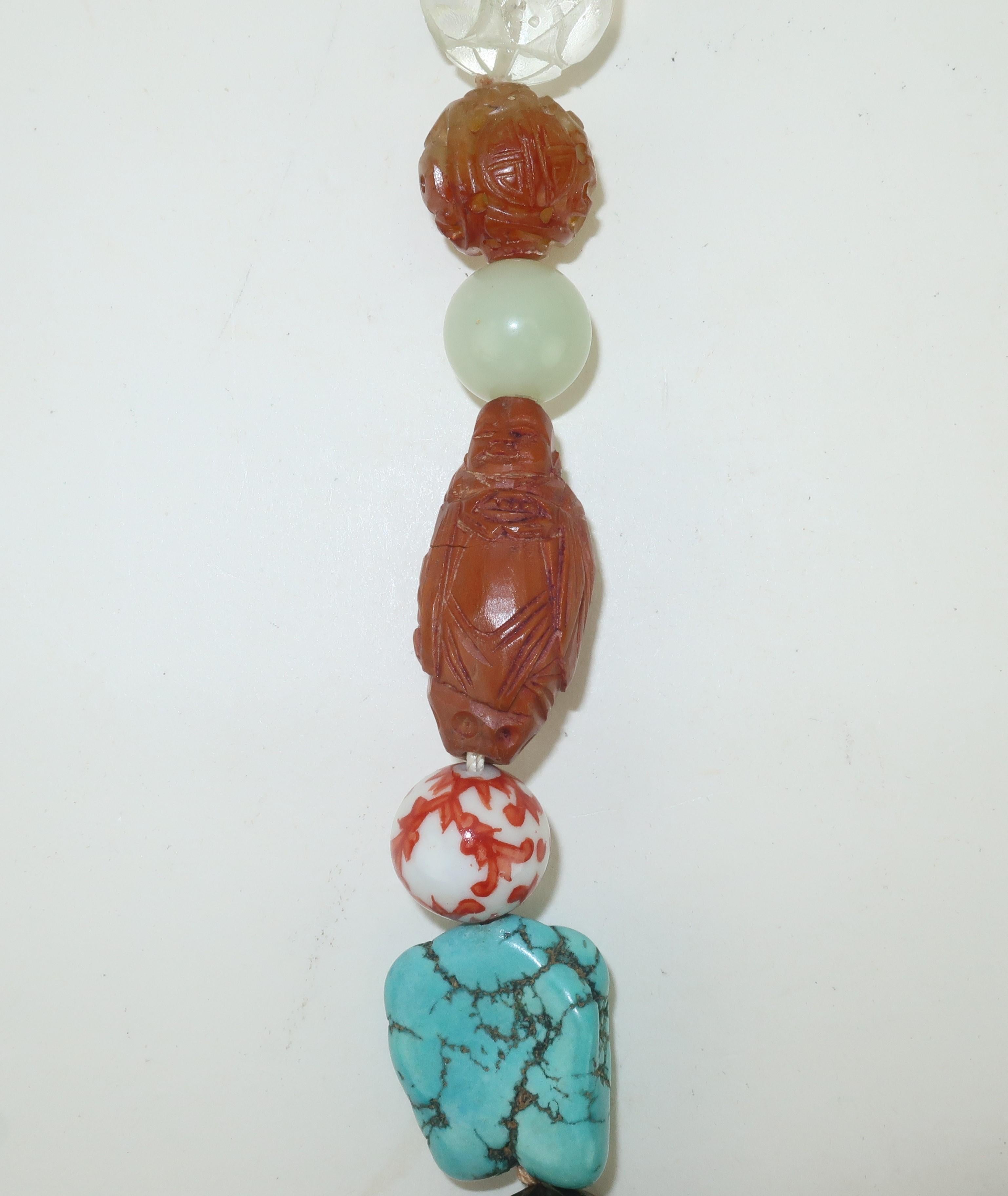 Asian Semi Precious Stone, Ceramic & Silver Beaded Necklace In Good Condition For Sale In Atlanta, GA