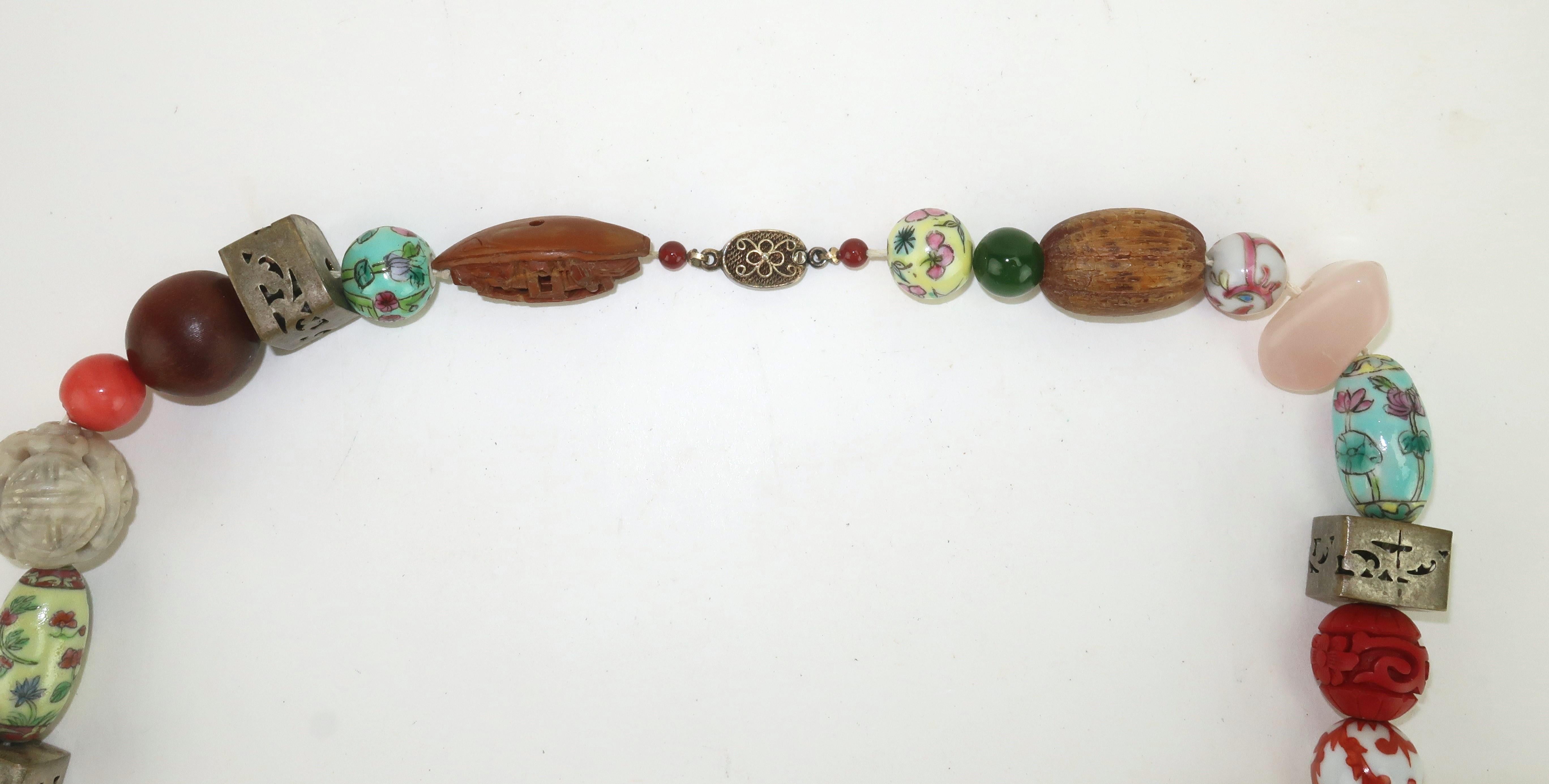 Women's Asian Semi Precious Stone, Ceramic & Silver Beaded Necklace For Sale