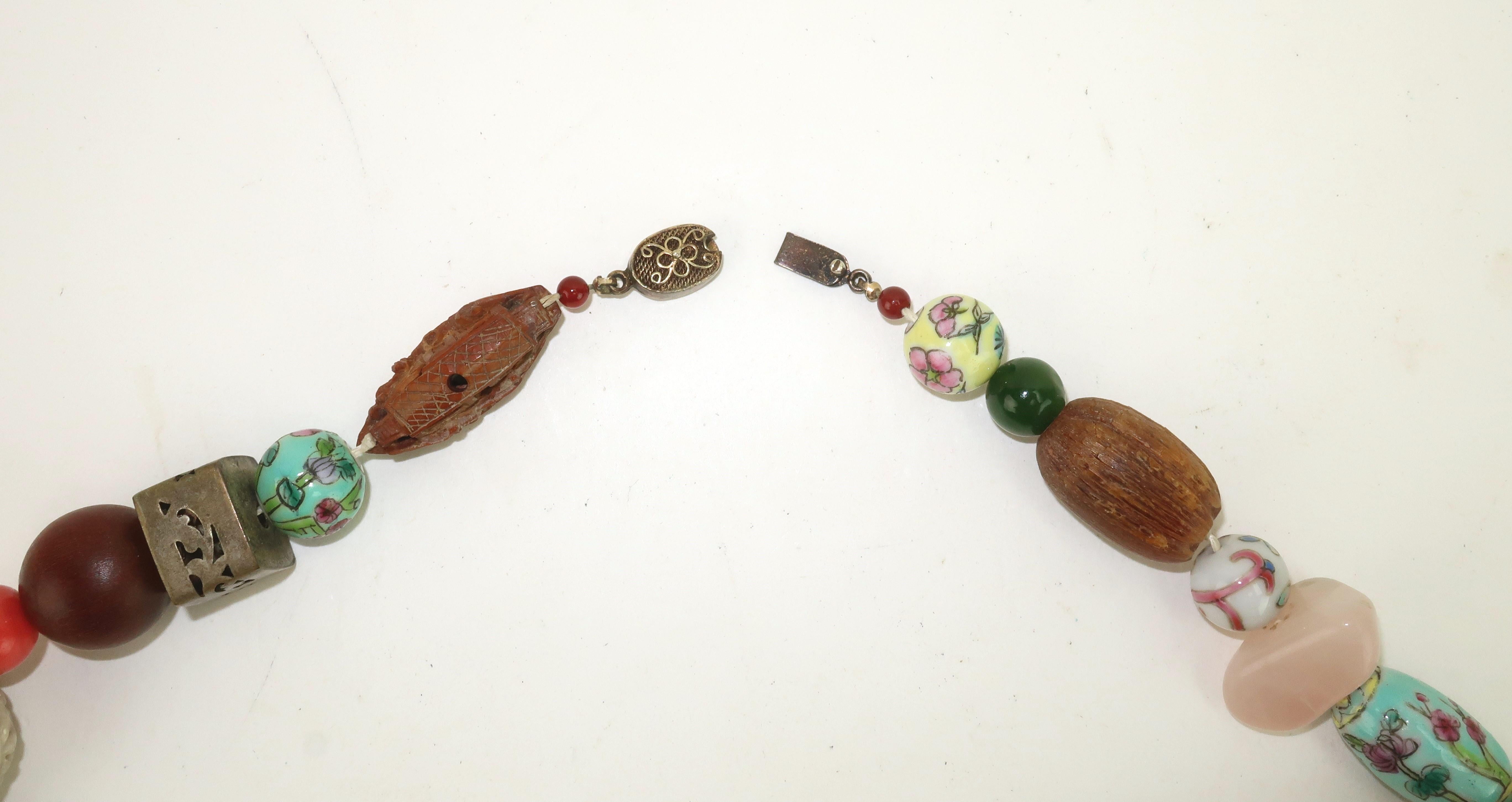 Asian Semi Precious Stone, Ceramic & Silver Beaded Necklace For Sale 1