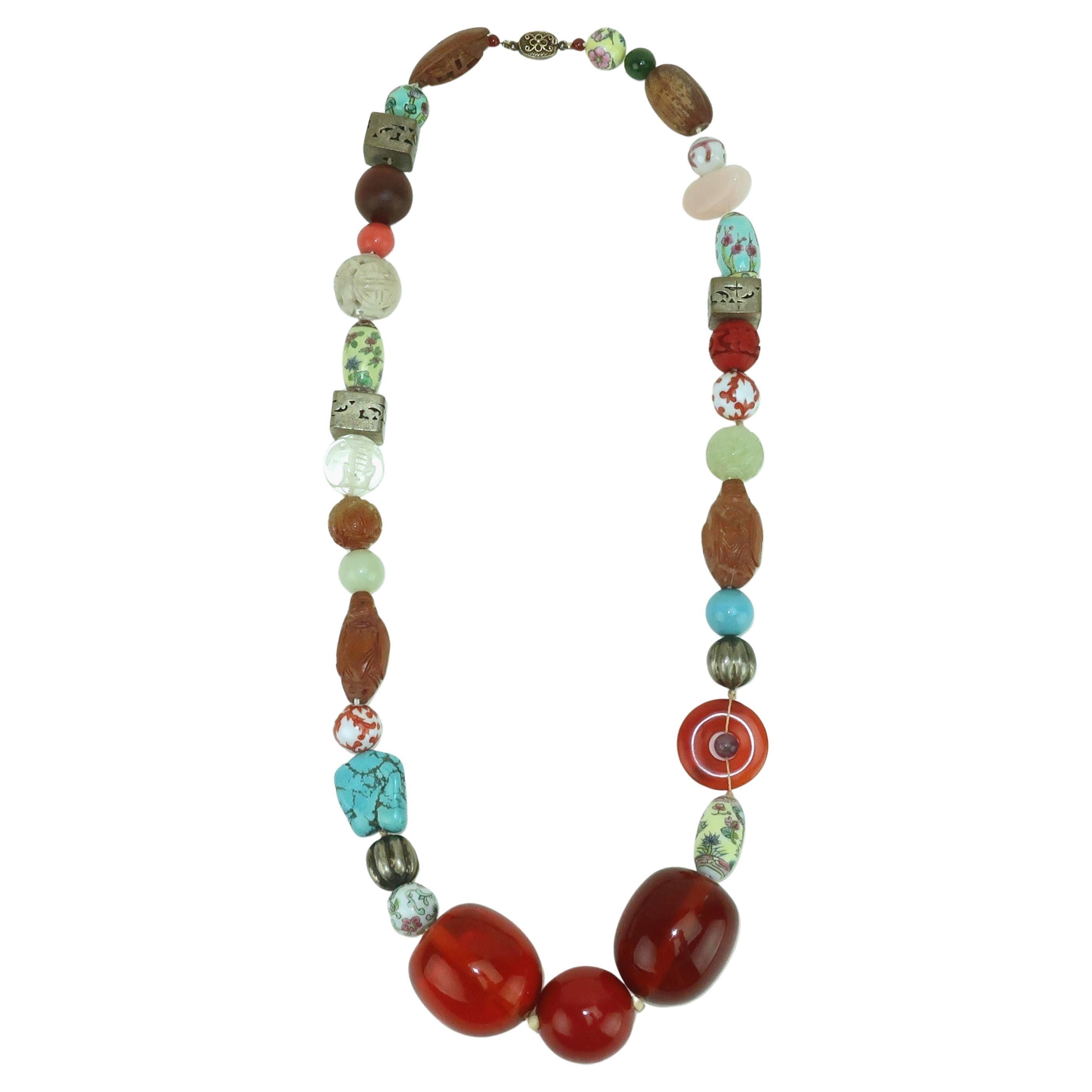 Asian Semi Precious Stone, Ceramic & Silver Beaded Necklace For Sale