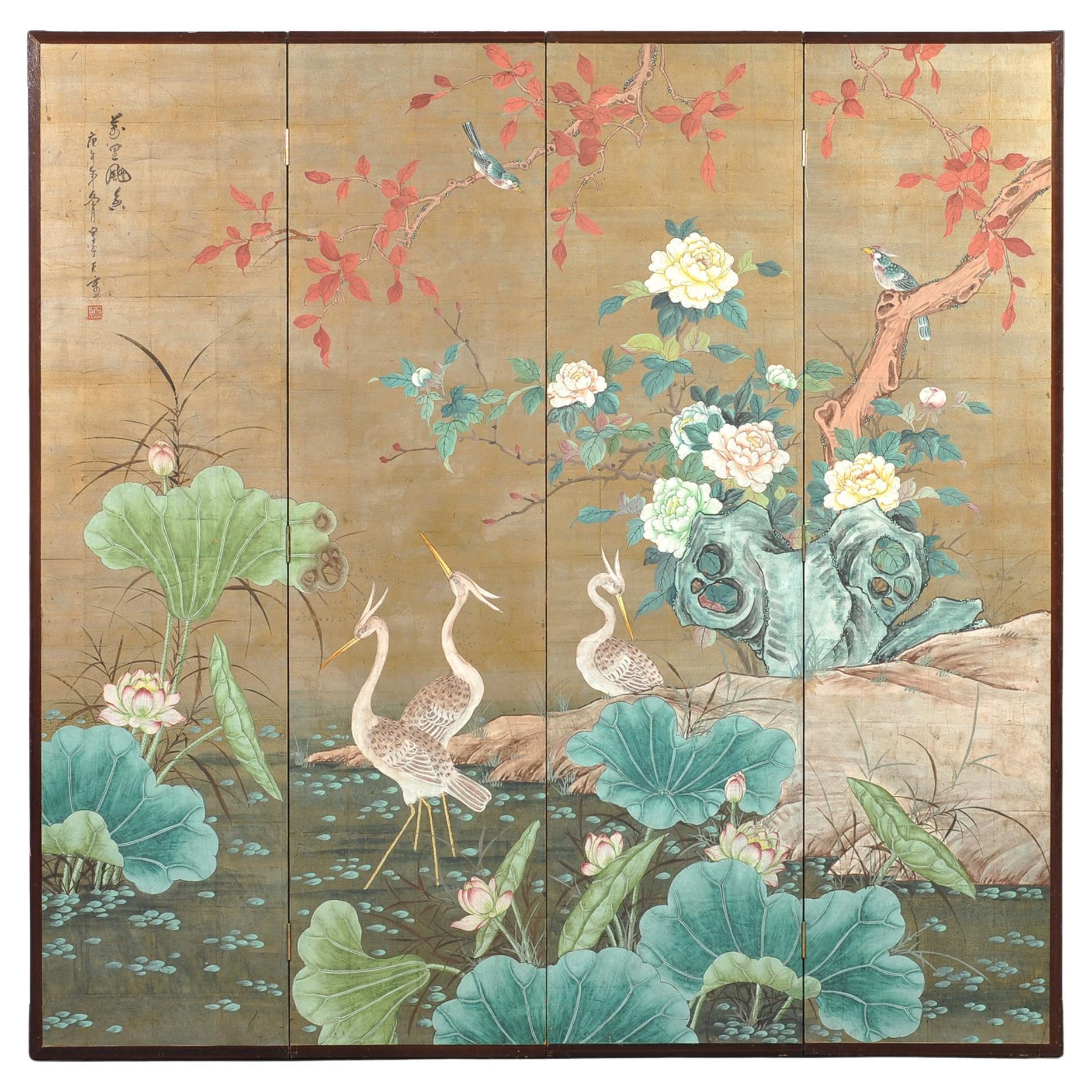 Asian Showa Four-Panel Screen Herons Amid Lotus and Peonies For Sale