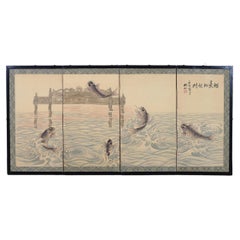 Asian Showa Four Panel Screen Jumping Koi at the Dragon Gate
