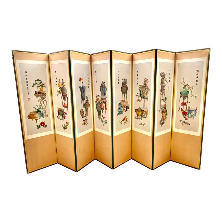 Asian Silk Embroidered Eight Panel Room Divider Folding Screen, Japan