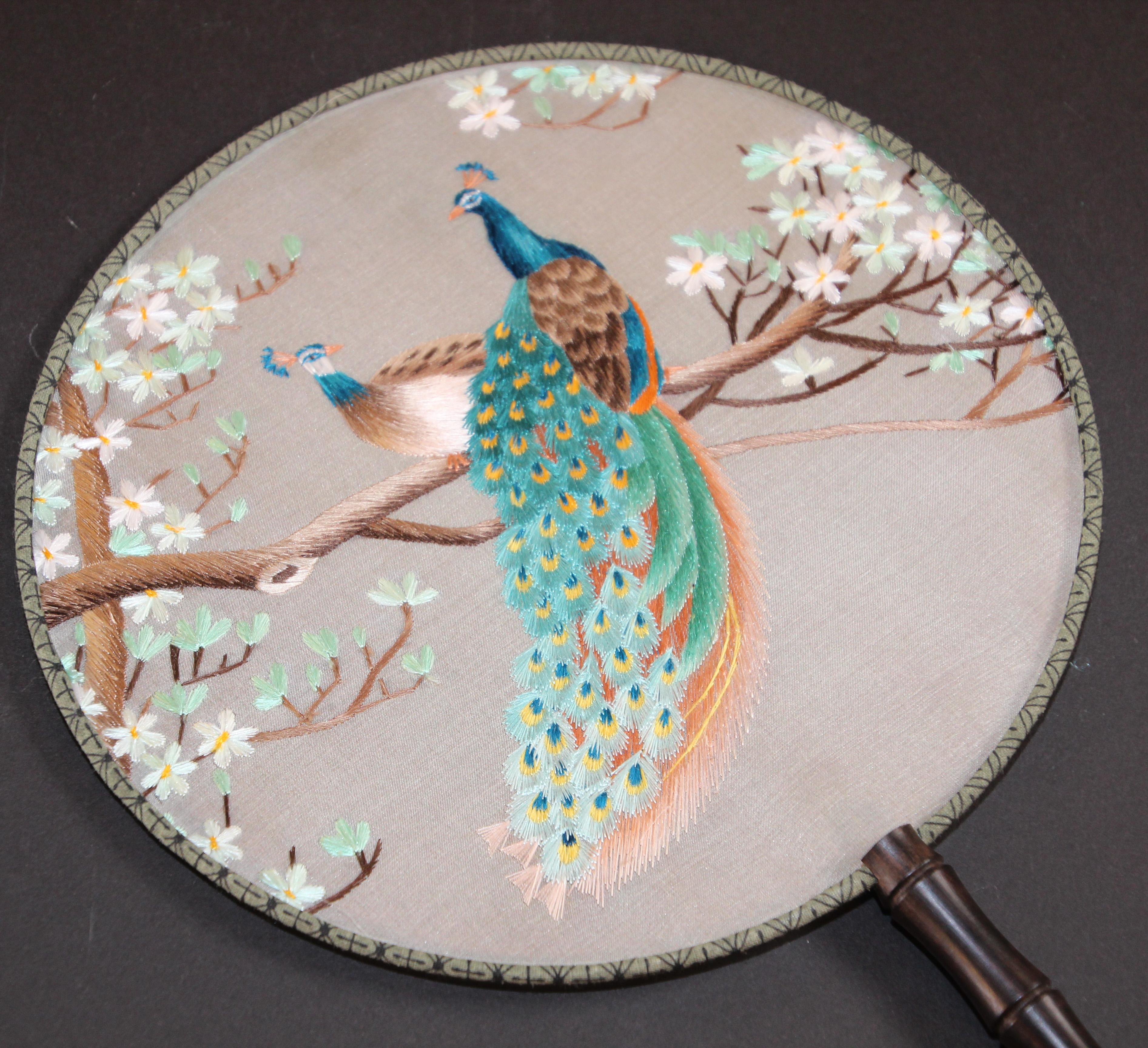 Asian Silk Round Paddle Hand Fan with Peacocks Embroidered In Good Condition In North Hollywood, CA