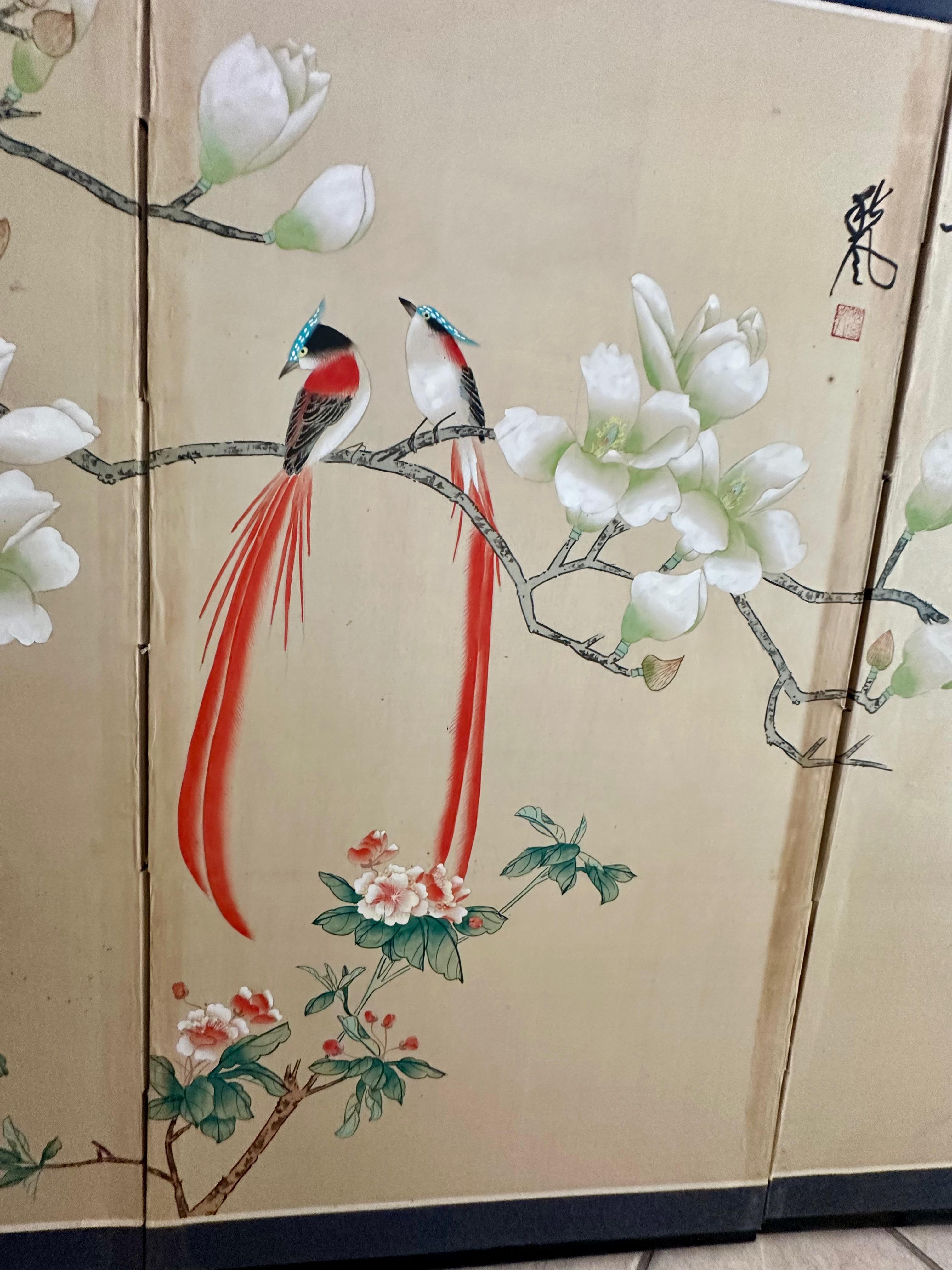 Asian Silk Watercolor 4 panel Folding Screen For Sale 8