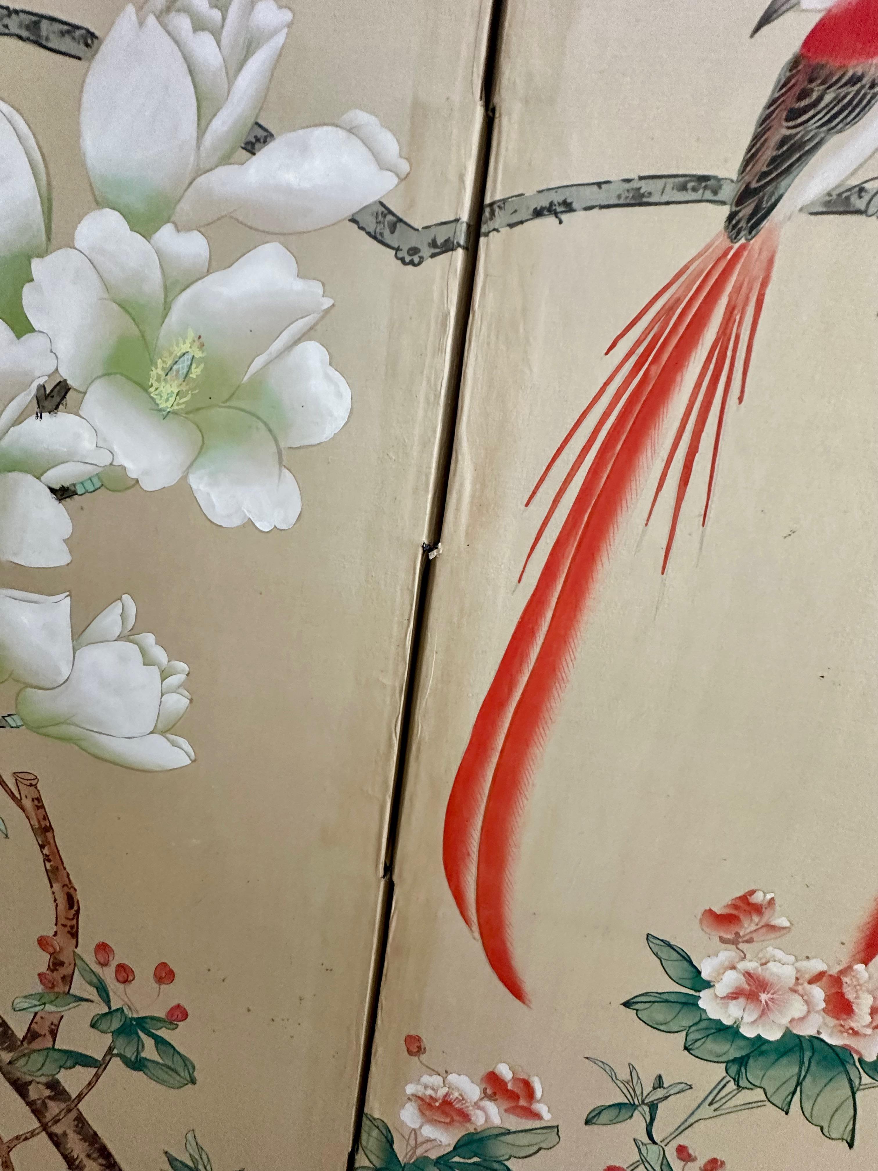 Asian Silk Watercolor 4 panel Folding Screen For Sale 9