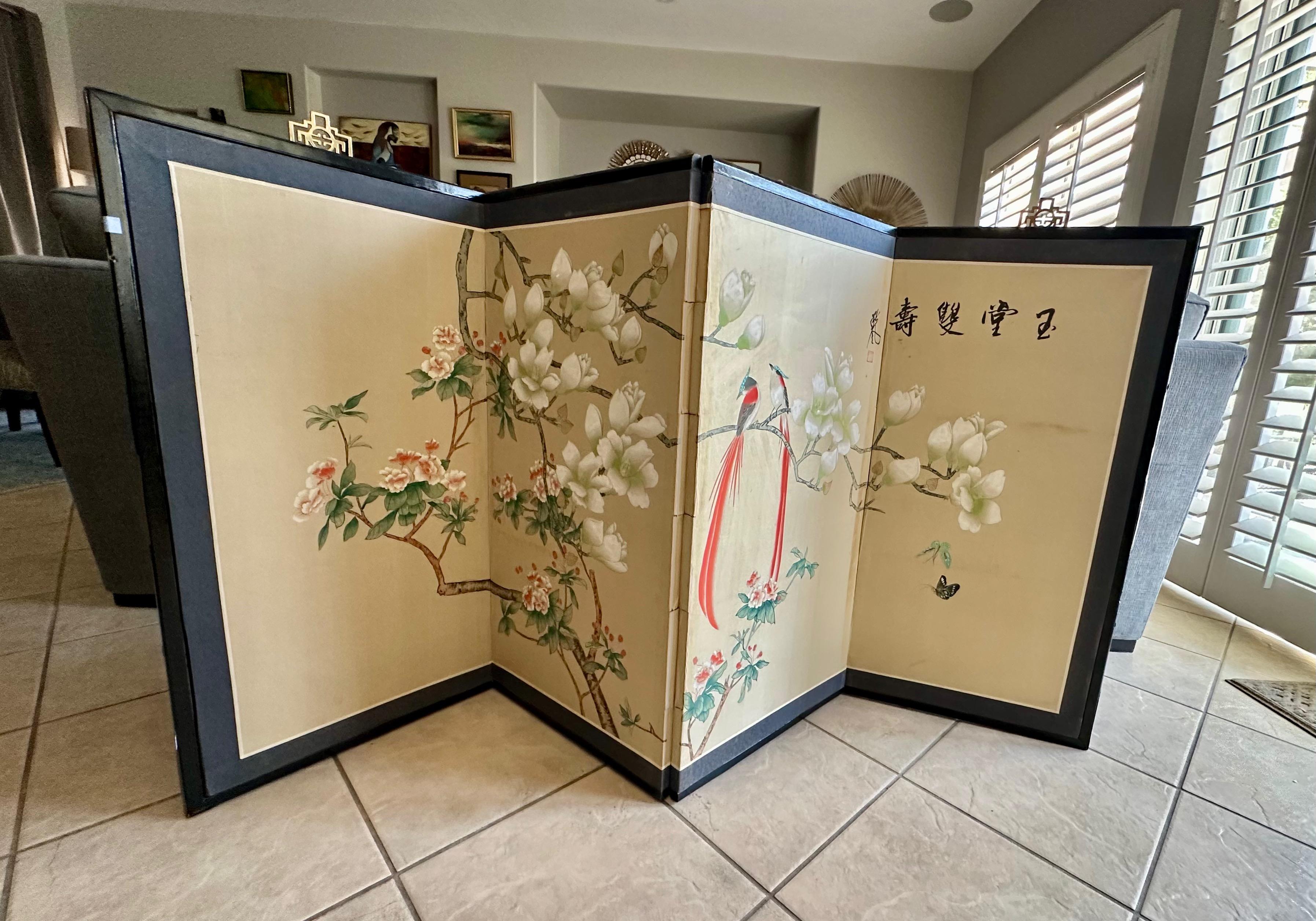 Asian Silk Watercolor 4 panel Folding Screen For Sale 2