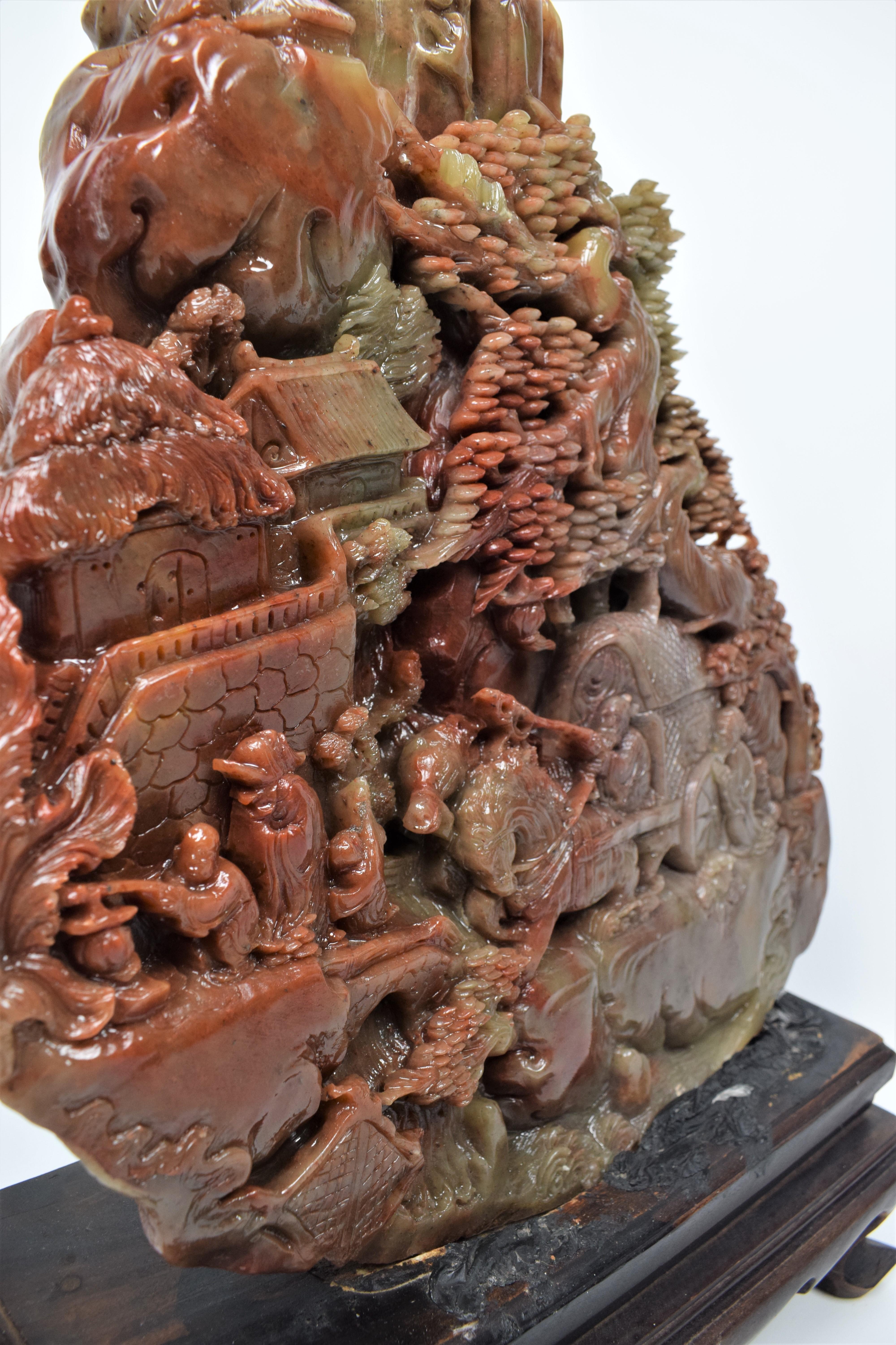 Asian Soapstone Carving of a Buddhist Mountain Village Landscape,  20th Century For Sale 1