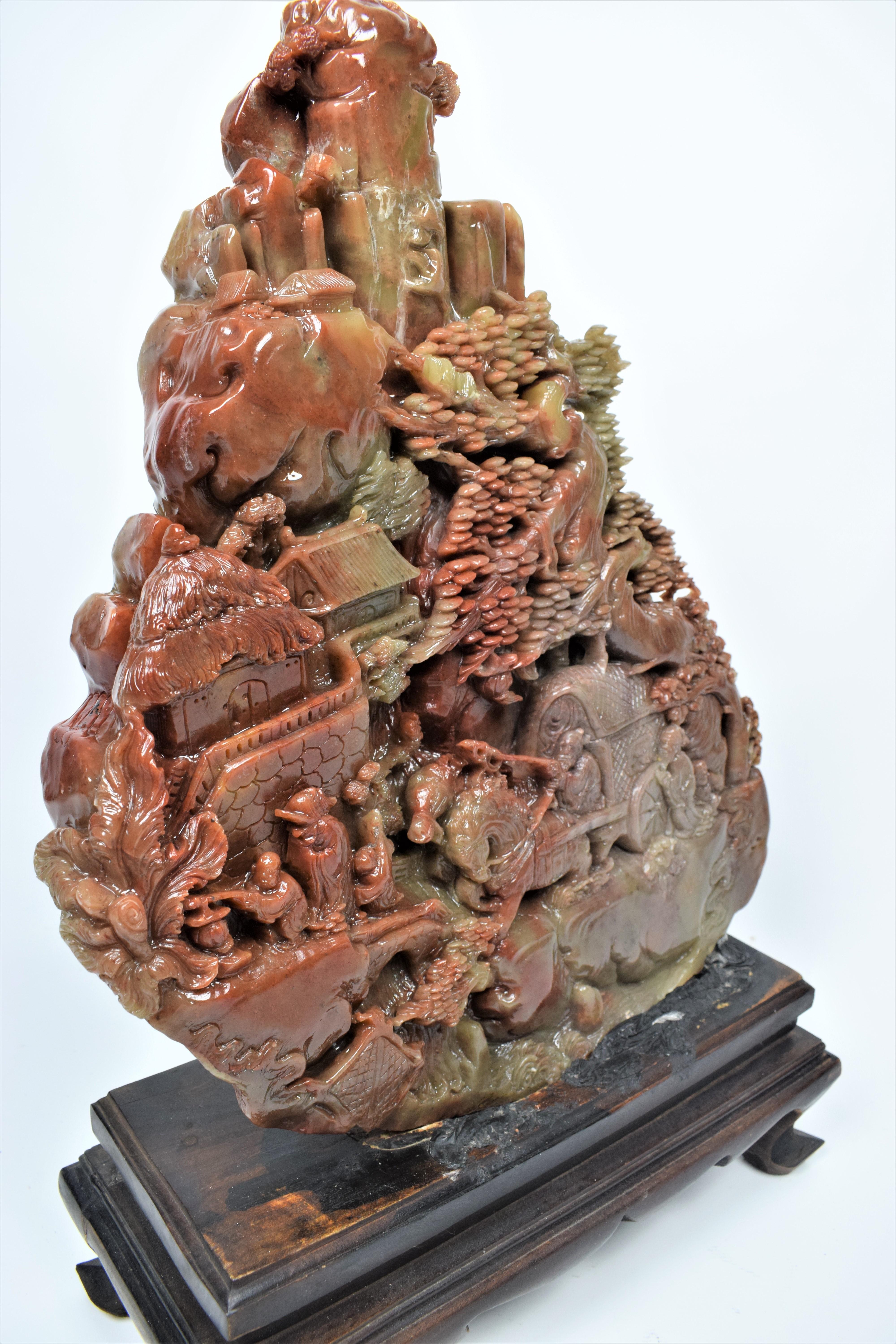 Asian Soapstone Carving of a Buddhist Mountain Village Landscape,  20th Century For Sale 4