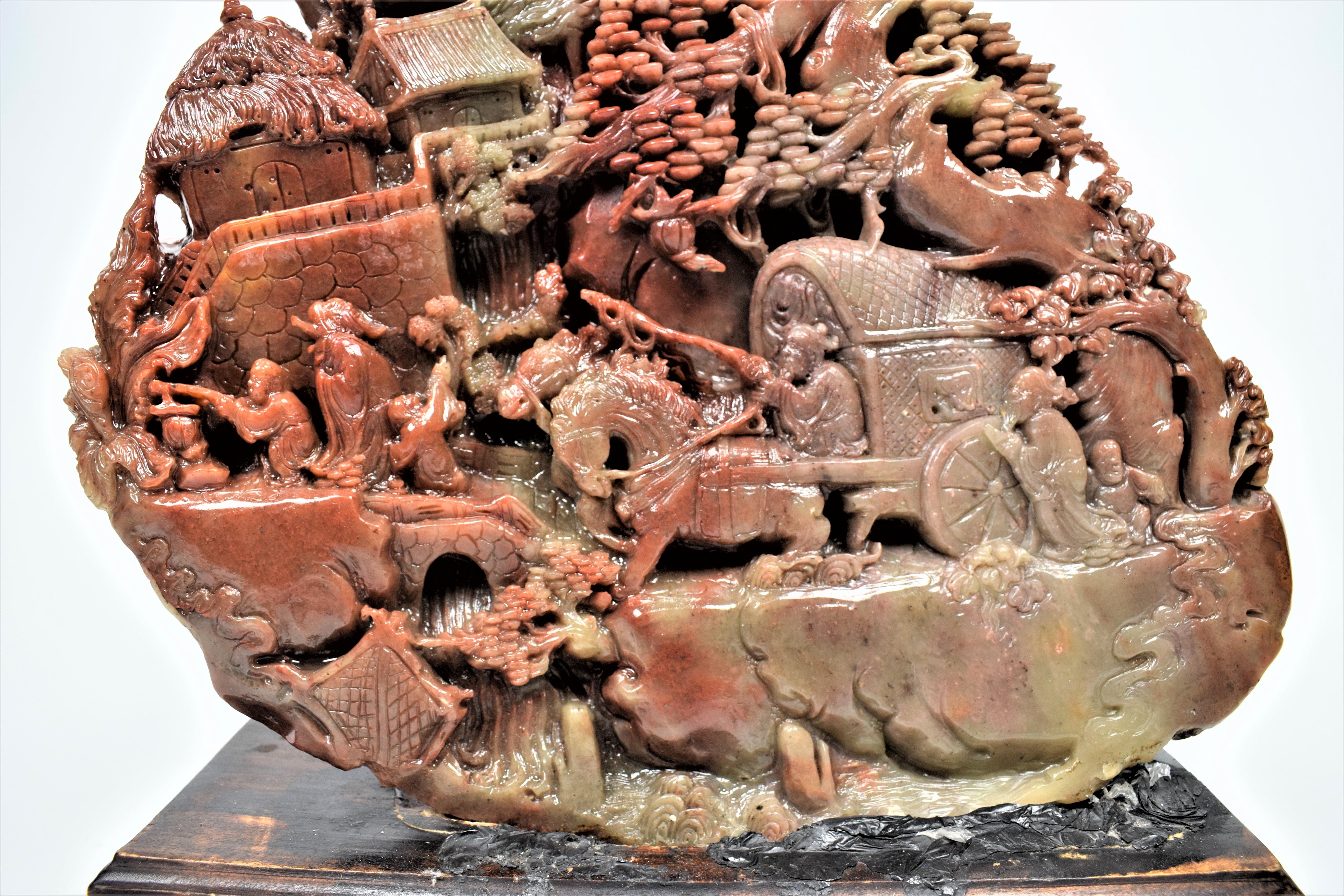 Qing Asian Soapstone Carving of a Buddhist Mountain Village Landscape,  20th Century For Sale