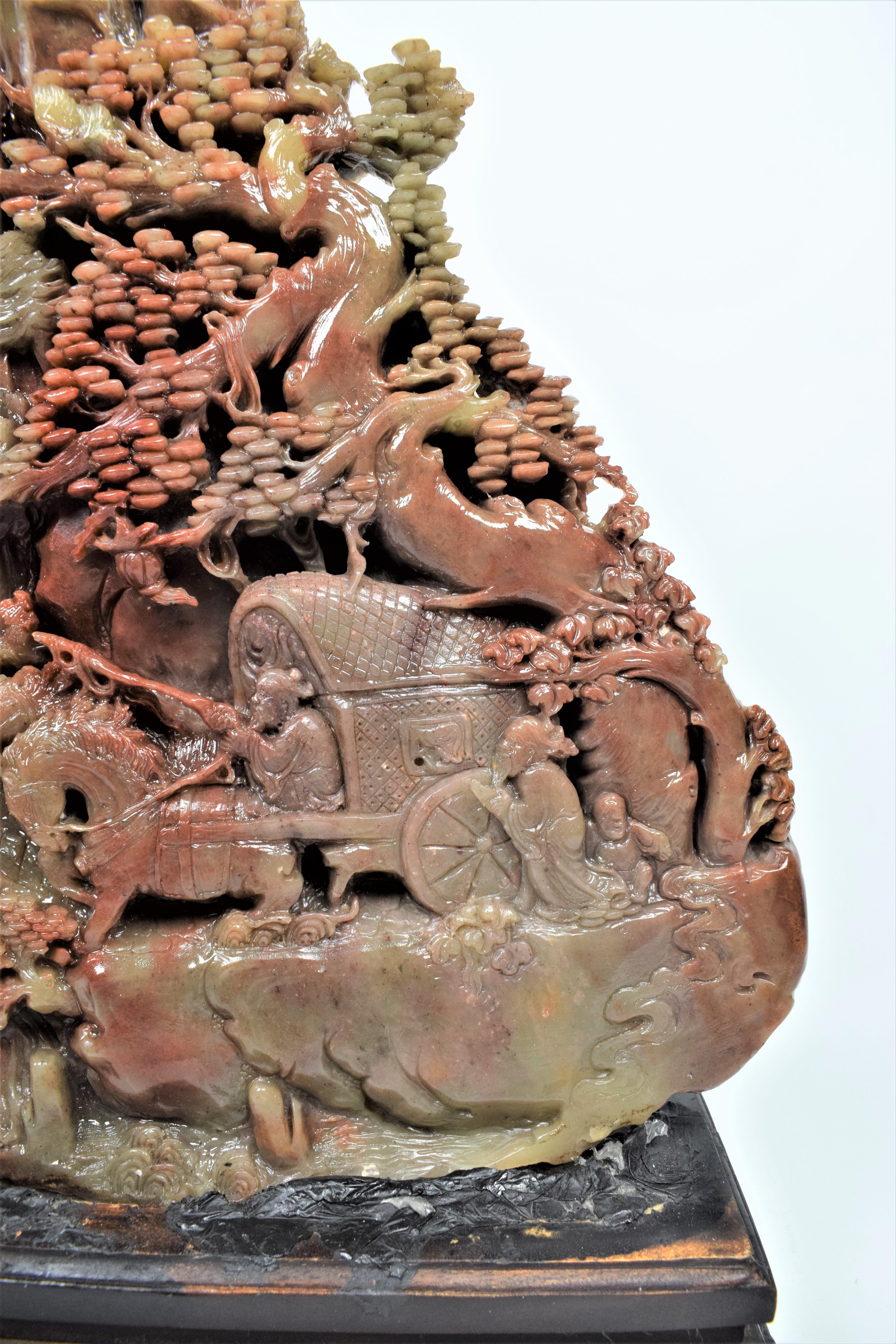 Hand-Carved Asian Soapstone Carving of a Buddhist Mountain Village Landscape,  20th Century For Sale