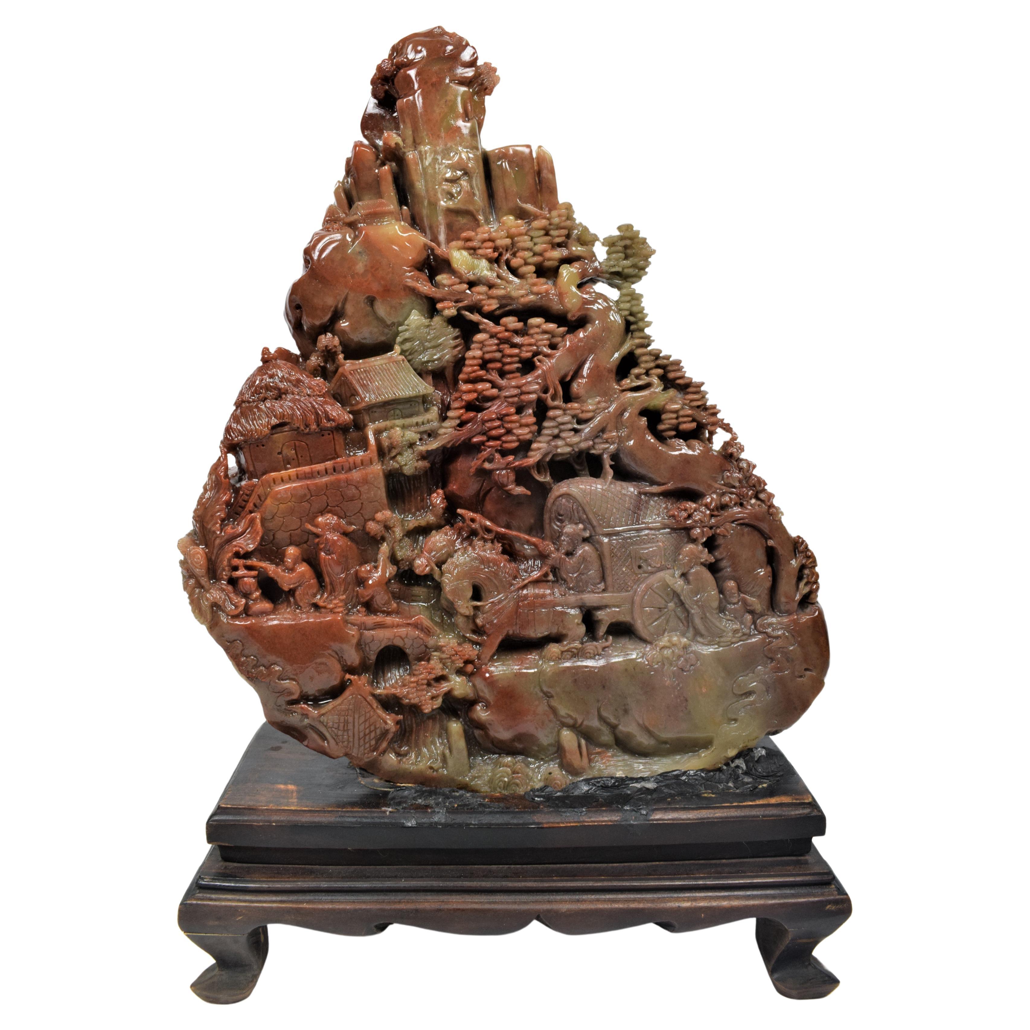 Asian Soapstone Carving of a Buddhist Mountain Village Landscape,  20th Century For Sale