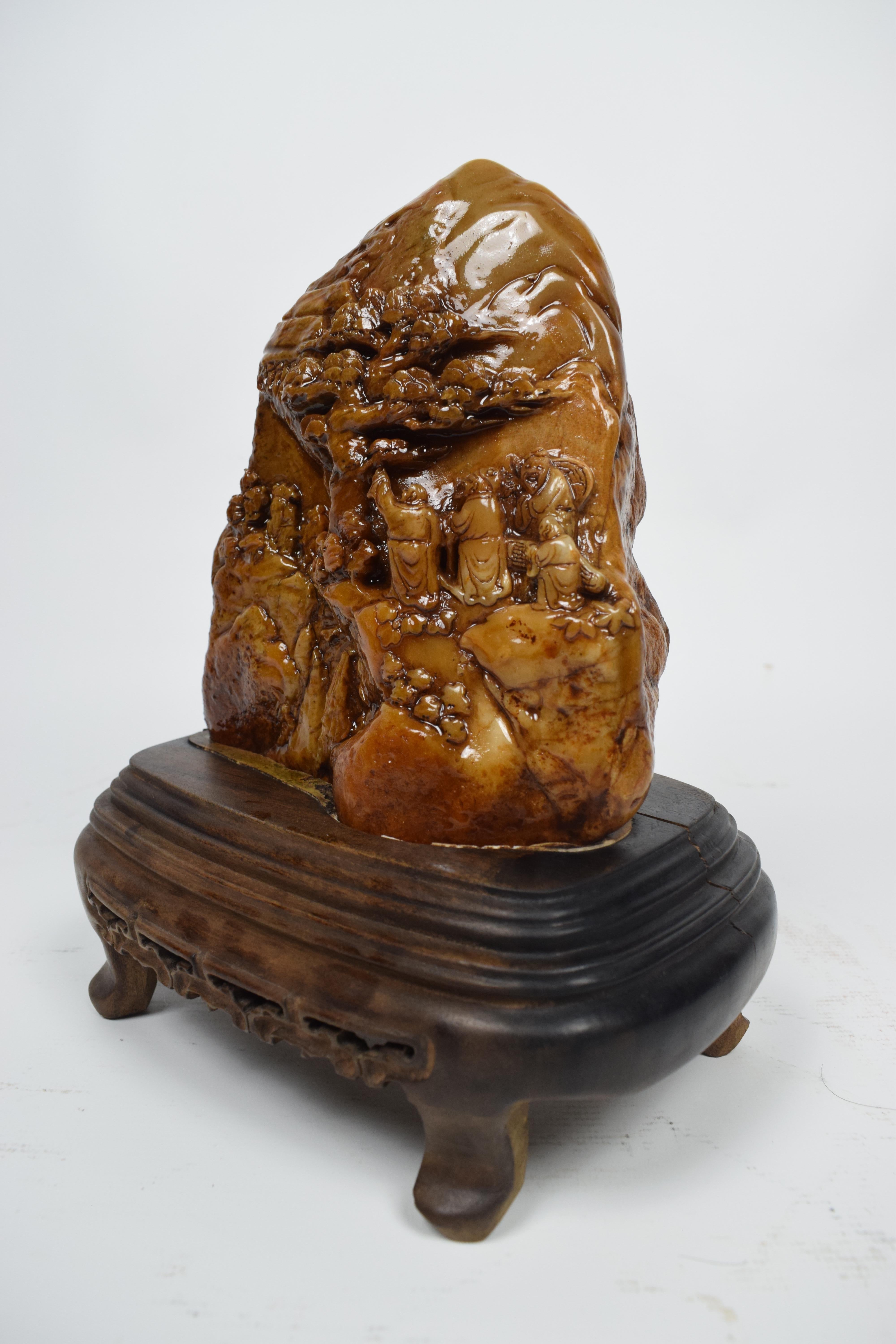Hand-Carved Asian Soapstone Carving of a Buddhist Village Scene, 20th Century For Sale