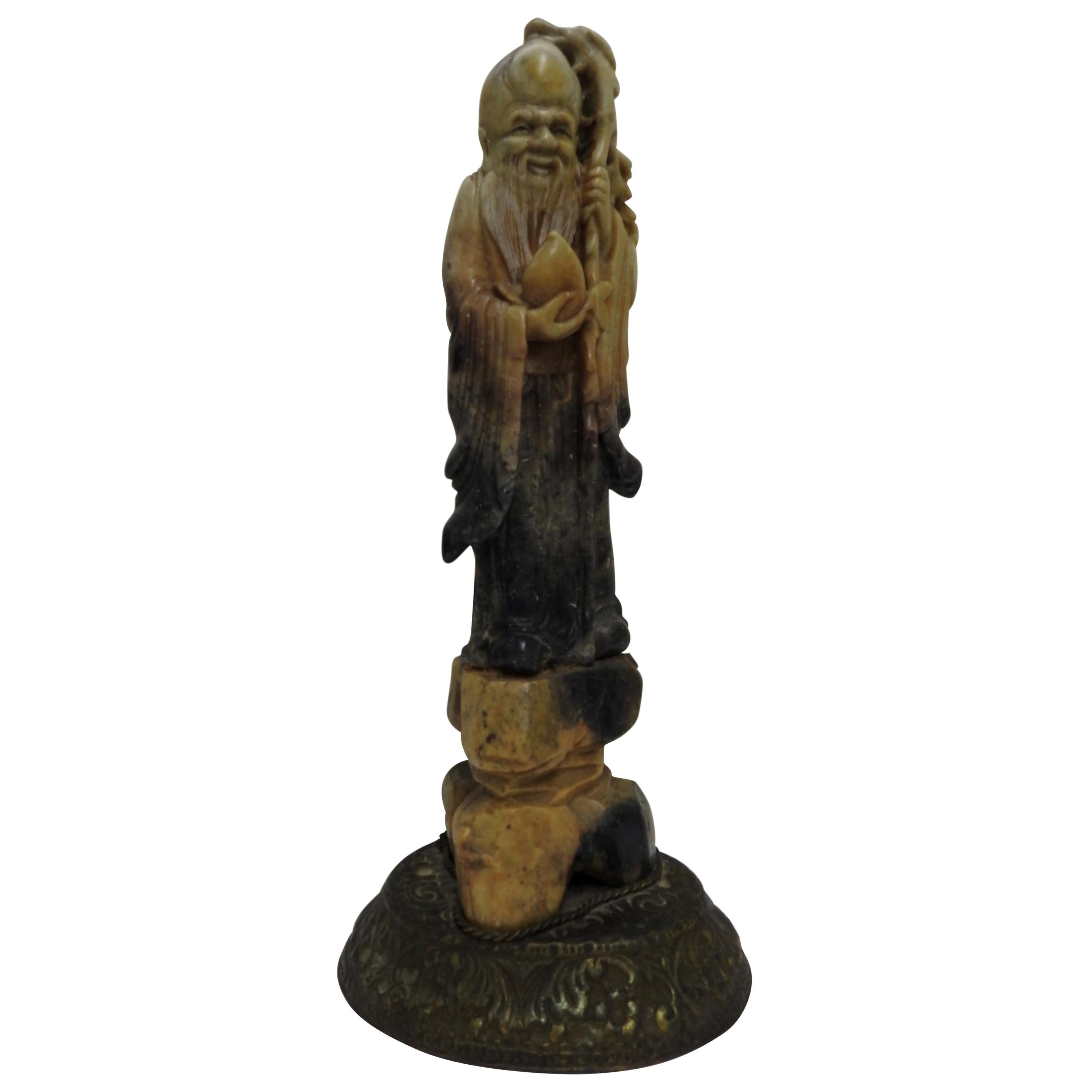 Asian Soapstone Figure Holding Staff, Early 20th Century For Sale