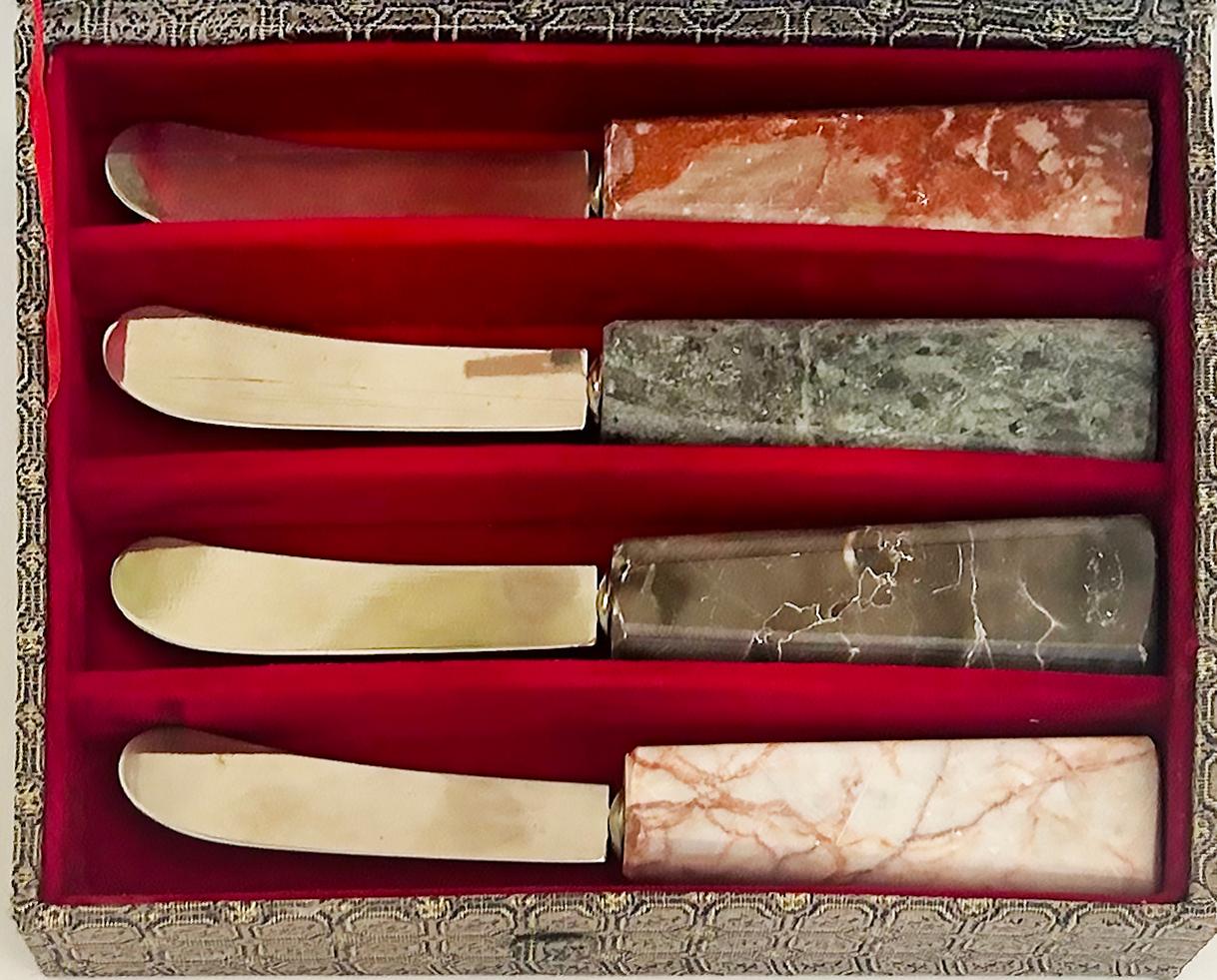 Chinoiserie Asian Soft Cheese Spreaders Set with Marble Handles, Stainless, Original Box