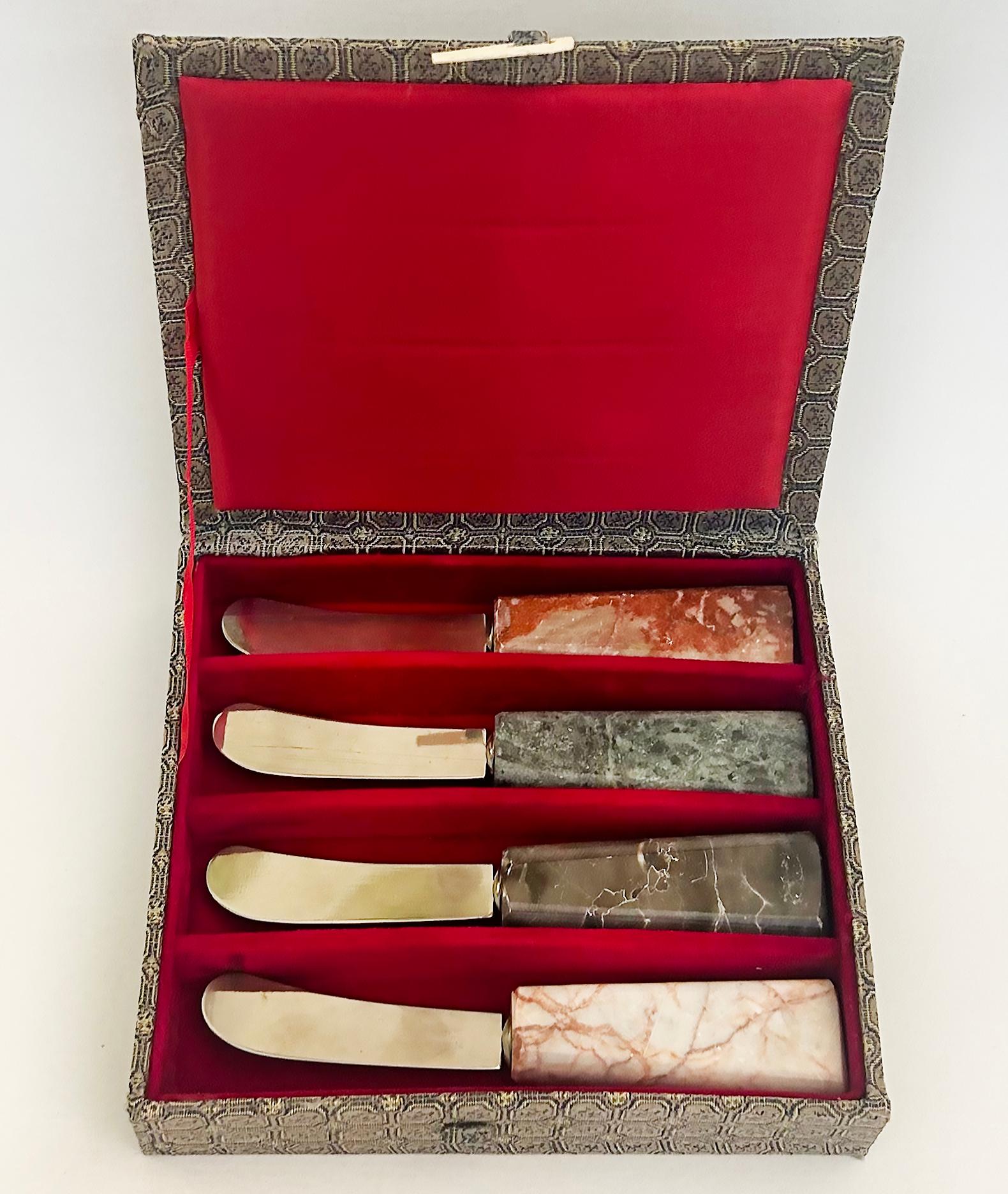 Chinese Asian Soft Cheese Spreaders Set with Marble Handles, Stainless, Original Box