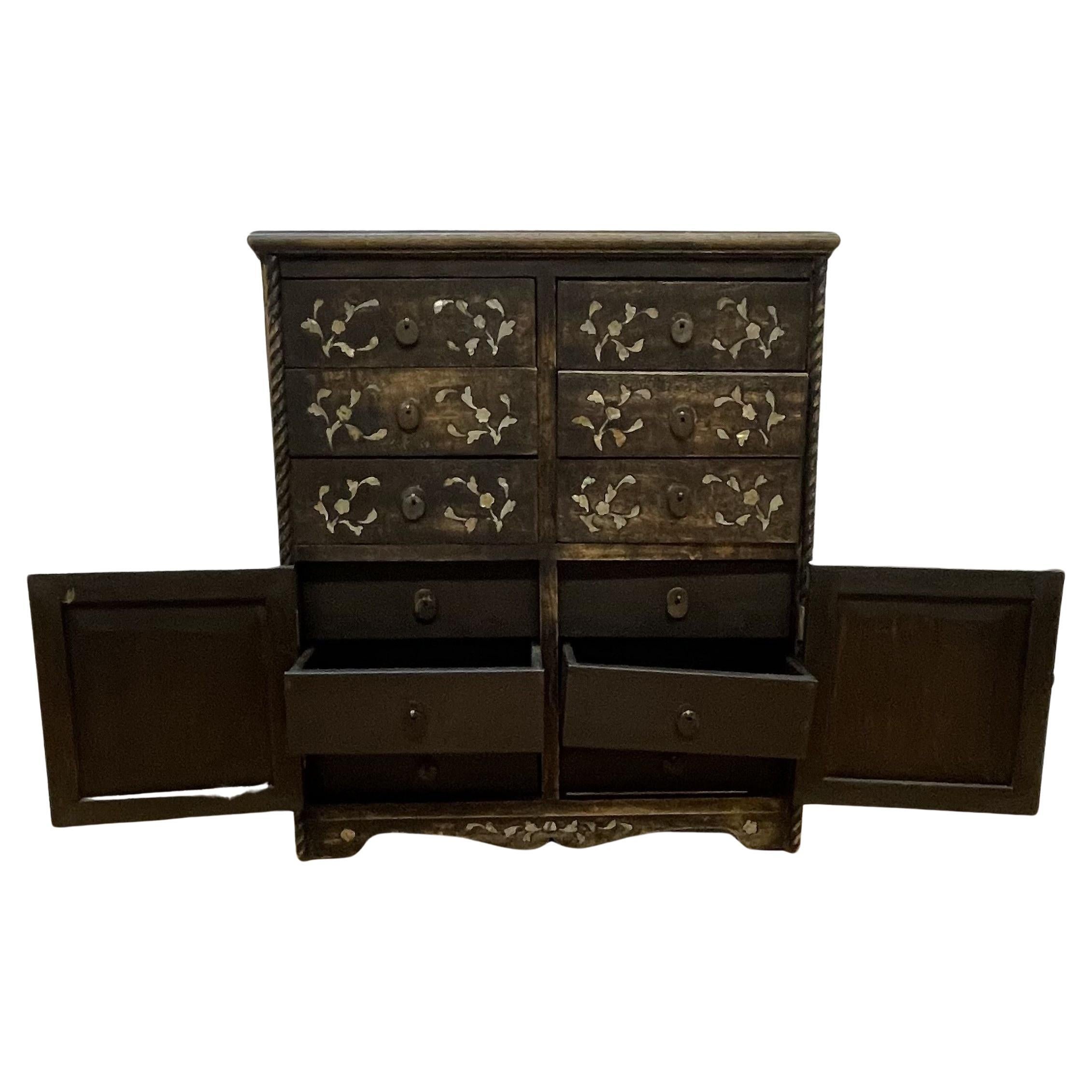 Asian Style 12 drawer cabinet with marble inlaid top and side panels For Sale