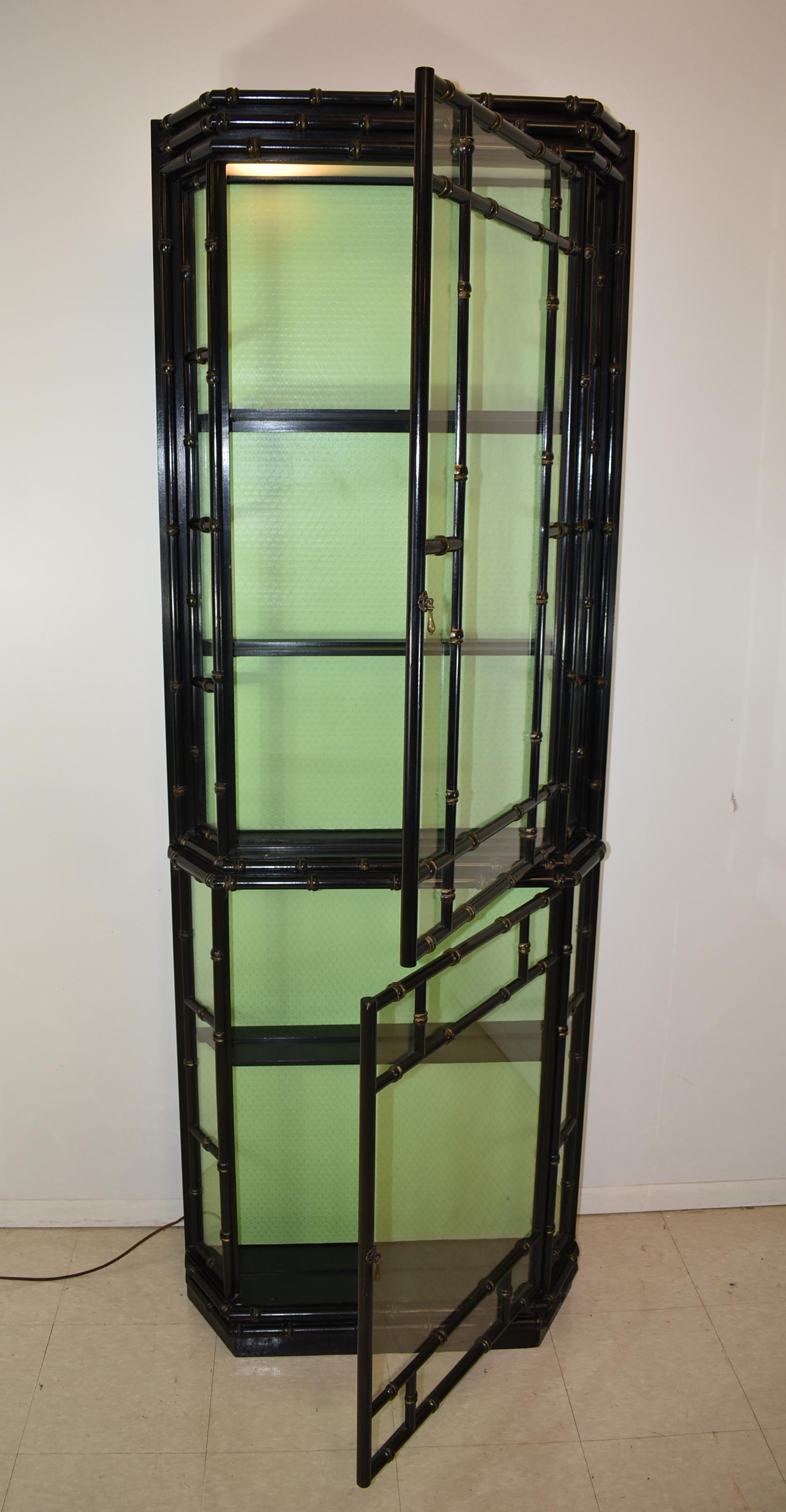 Modern Asian Style Deep Black Lacquer Lighted Curio Display Cabinet For Sale