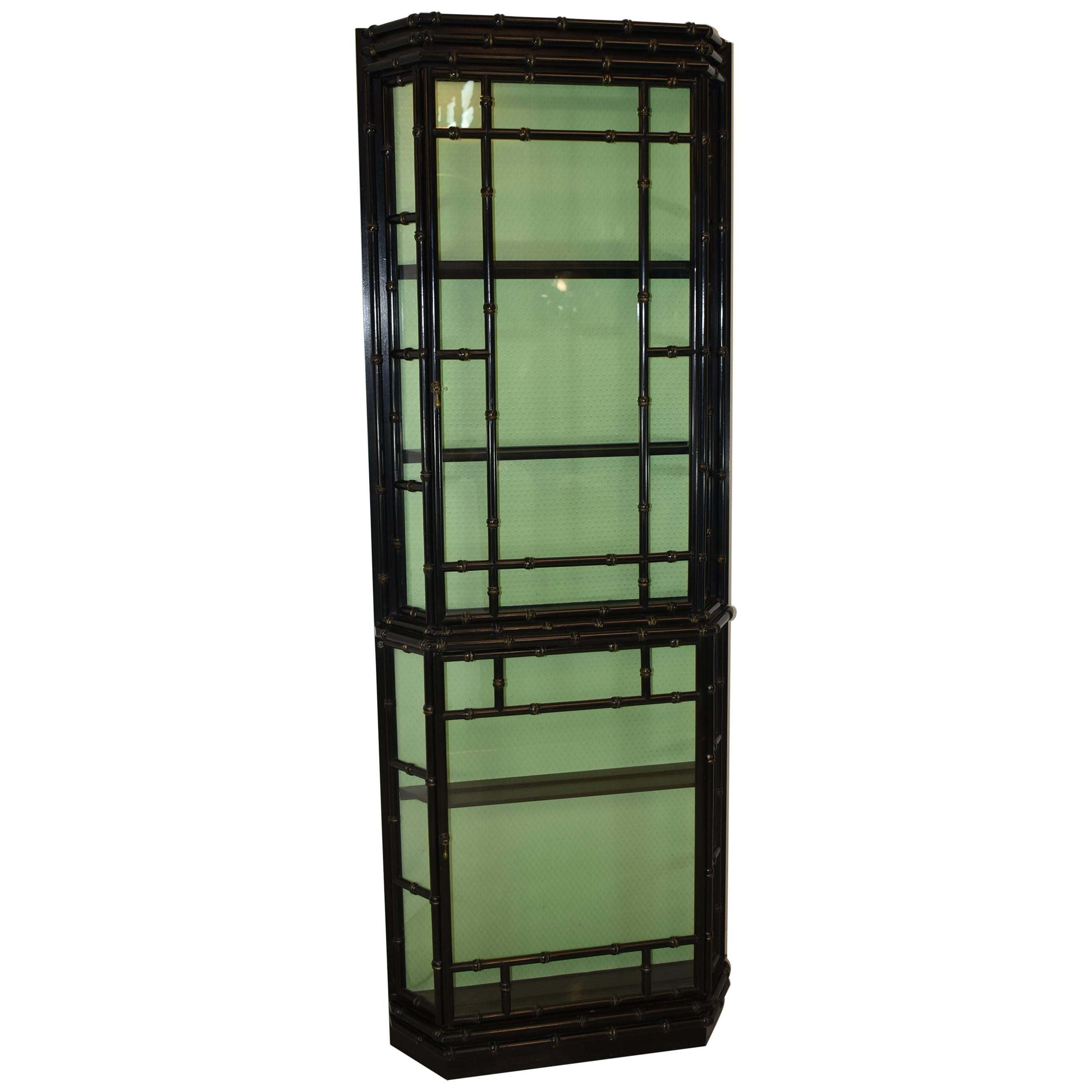 Asian Style Deep Black Lacquer Lighted Curio Display Cabinet