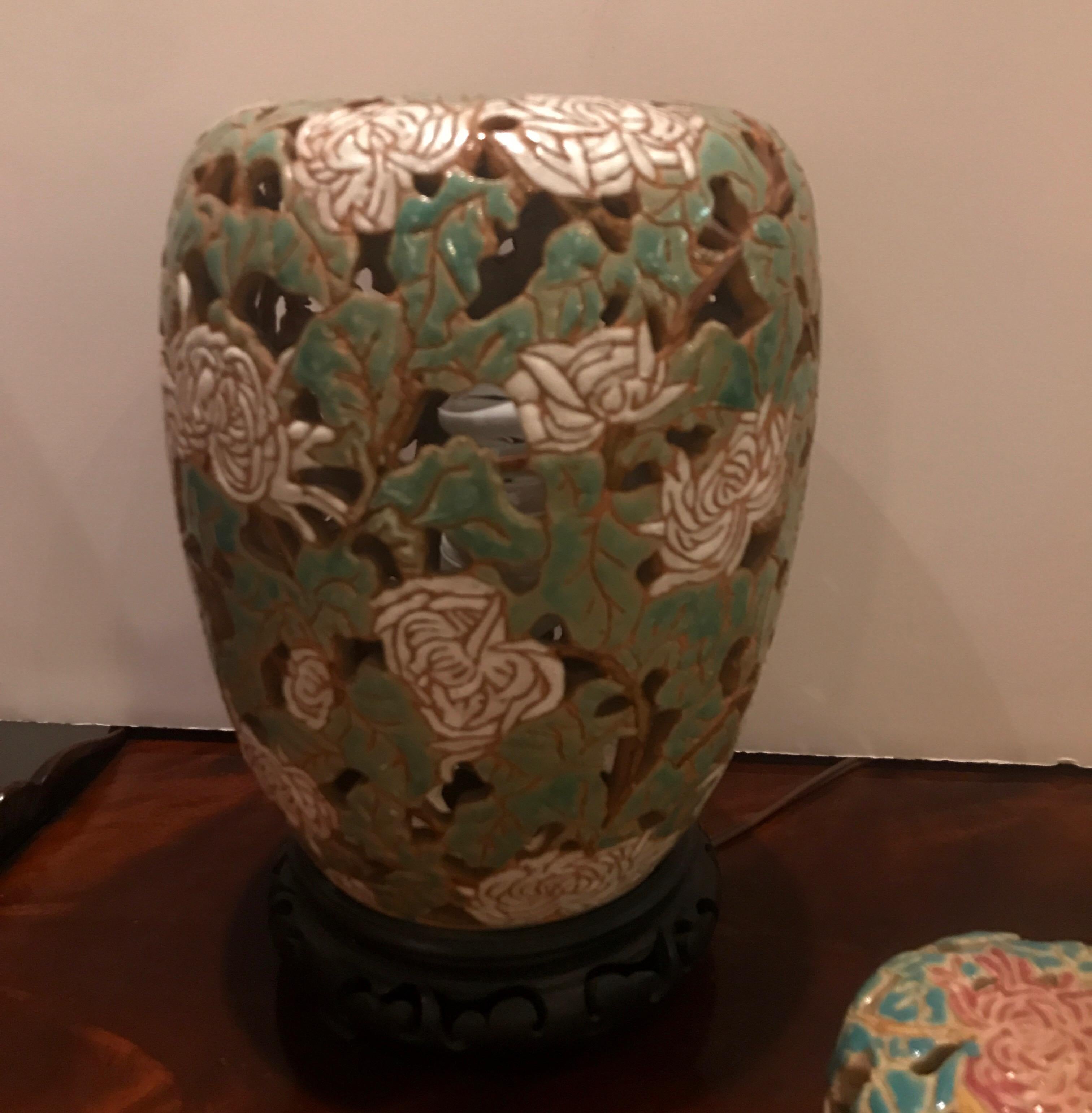 Chinoiserie Asian Style Art Pottery and Enamel Ginger Jar Lamp For Sale