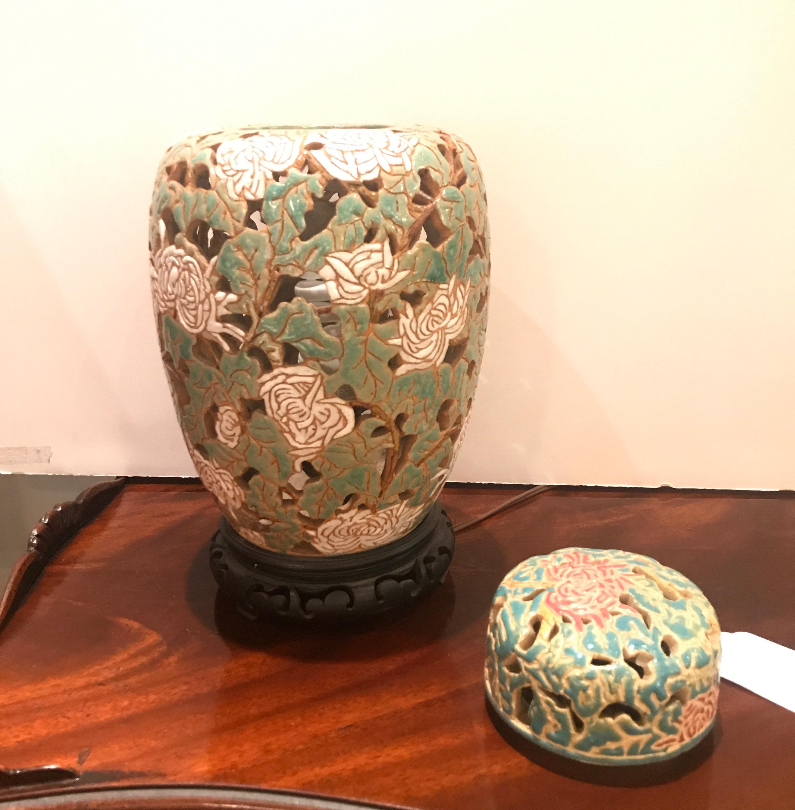 Hand-Painted Asian Style Art Pottery and Enamel Ginger Jar Lamp For Sale